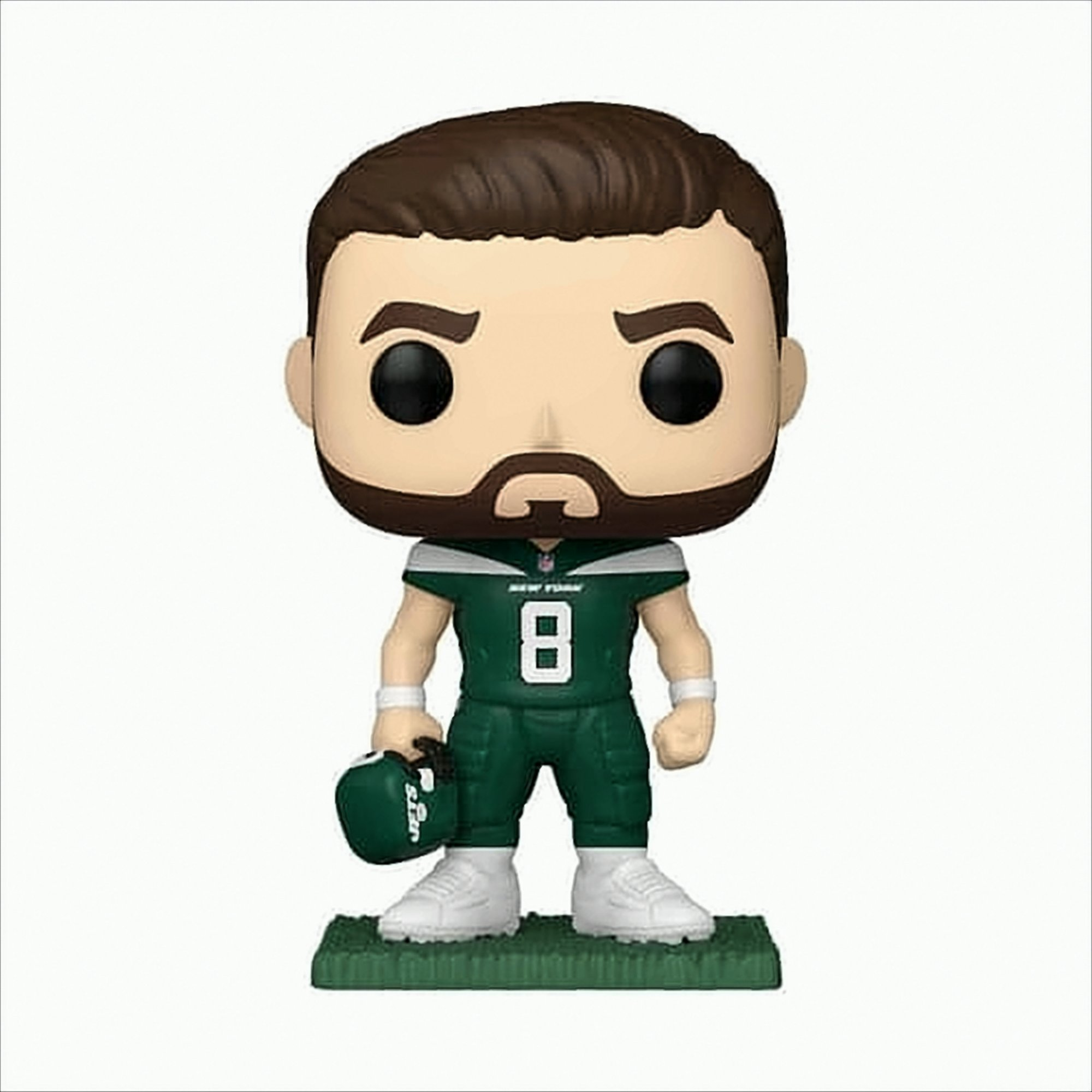 Funko Pop Figur eines Footballspielers. Grün-weißes Trikot, Helm haltend.