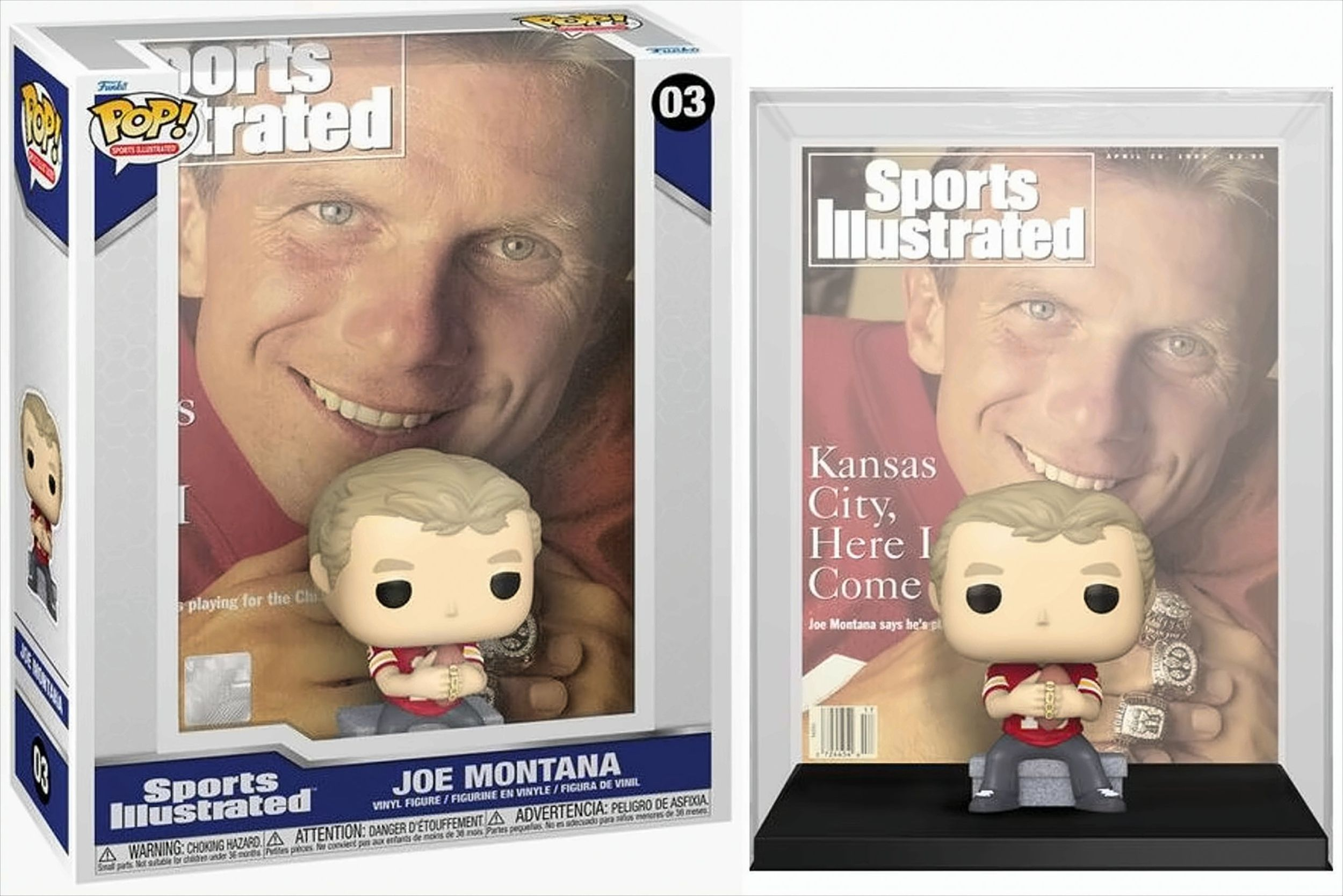 Una figura Funko Pop di Joe Montana in una scatola e una vetrina con una copertina di rivista.