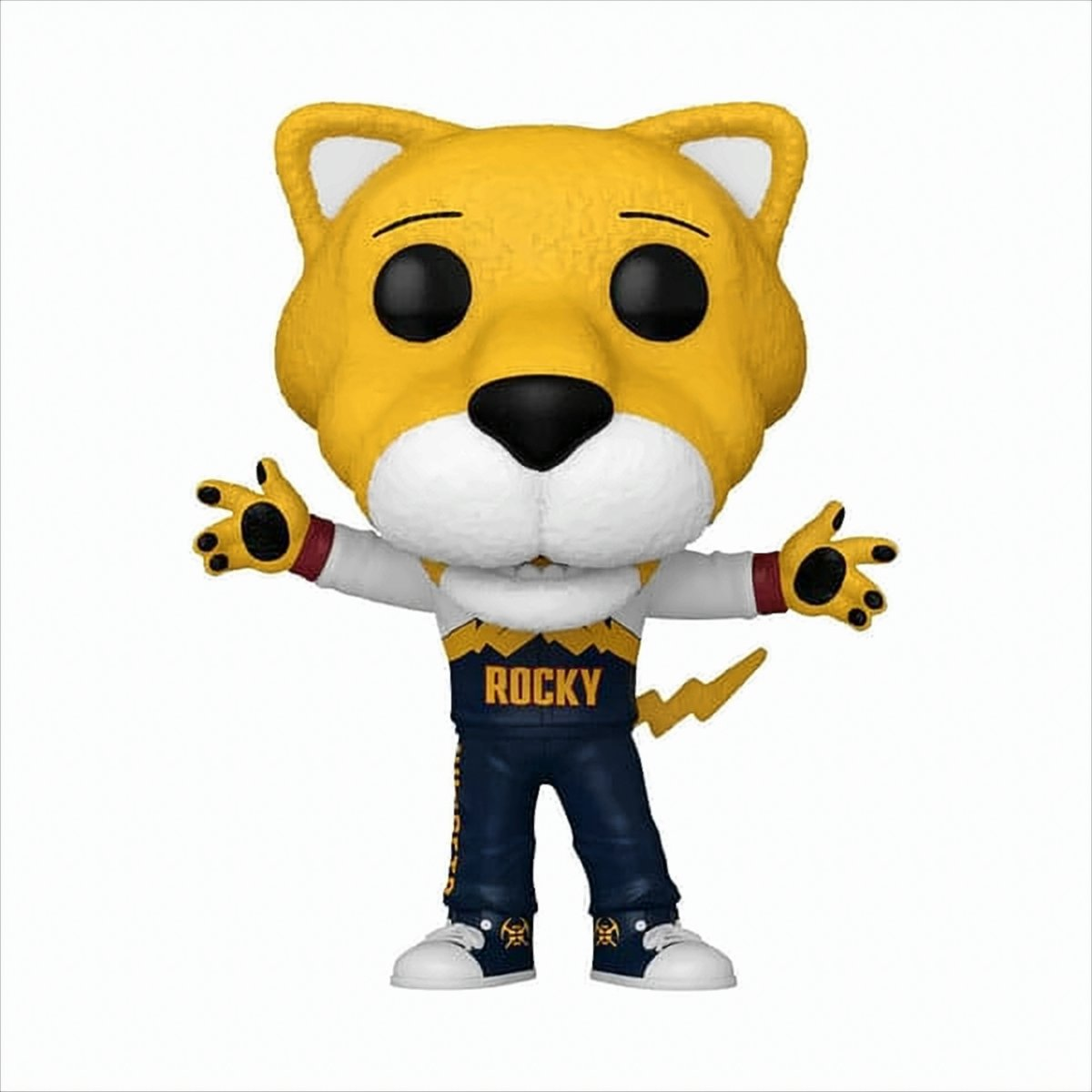 Eine Rocky Funko Pop Figur. Sie ist gelb mit einem blauen Hemd, Hose und Handschuhen.