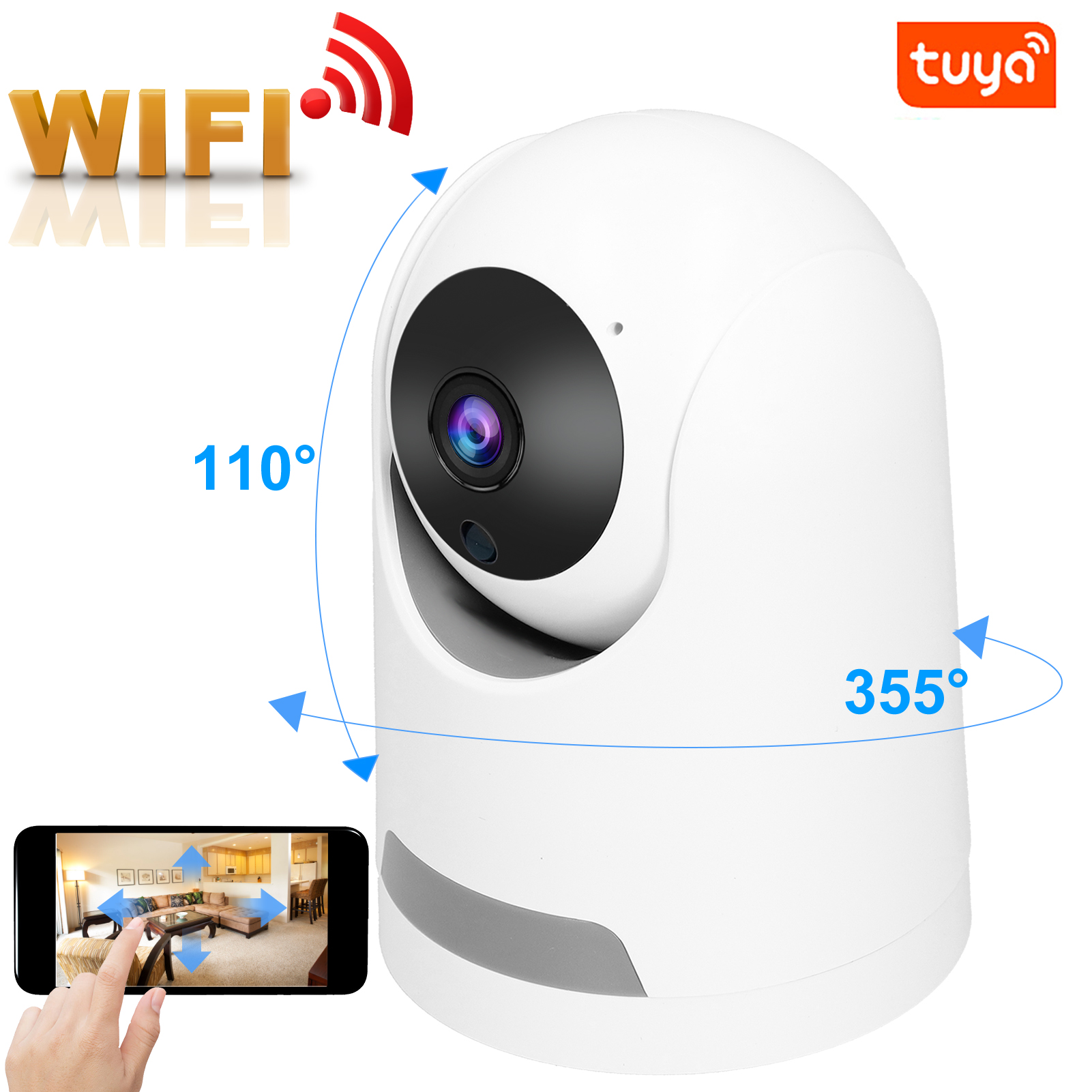Weiße Überwachungskamera mit drehbarem Objektiv und Smartphone mit Live-Feed.