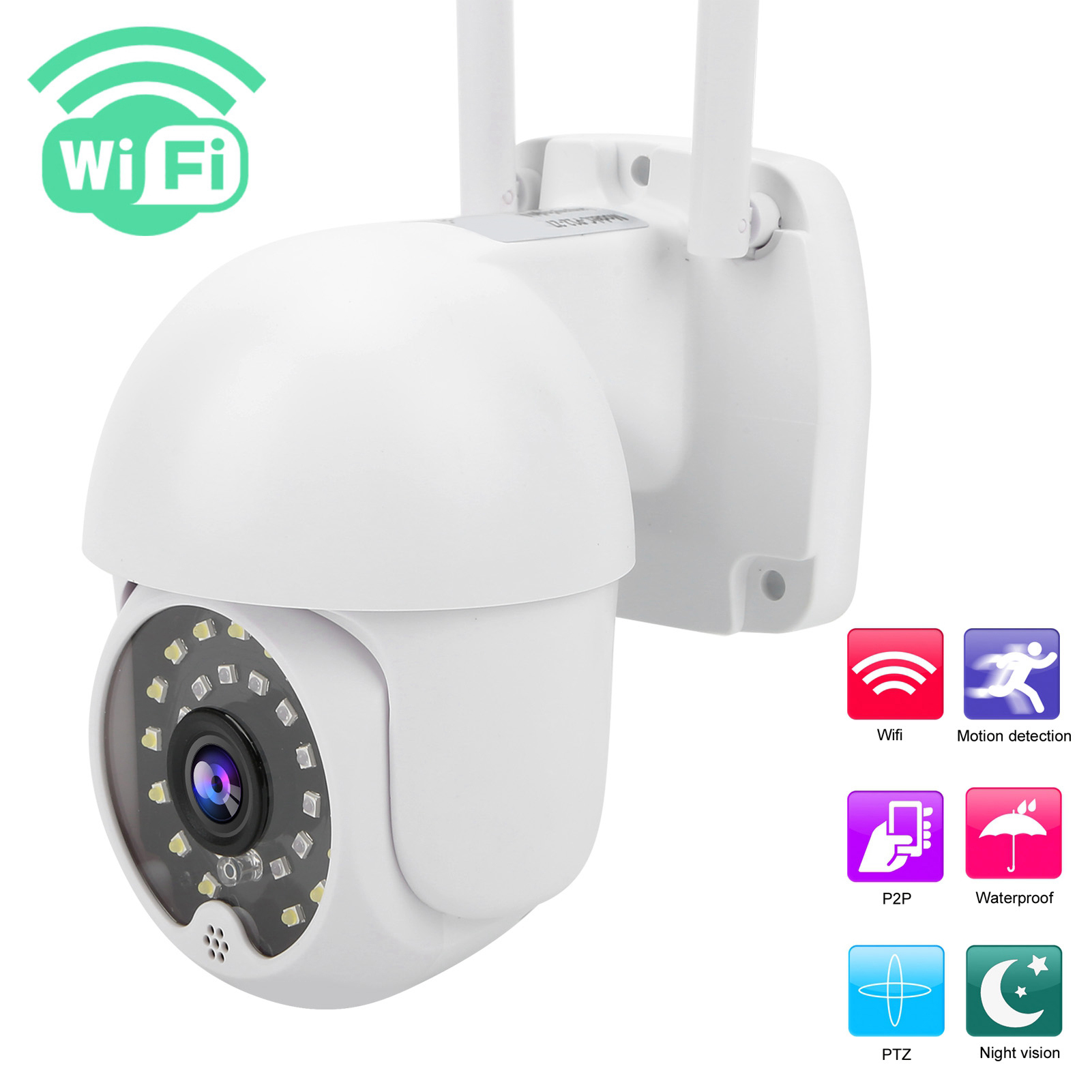 Weiße Überwachungskamera mit WLAN-Symbol, Bewegungserkennung, P2P, wasserdicht, PTZ und Nachtsicht-Symbolen.