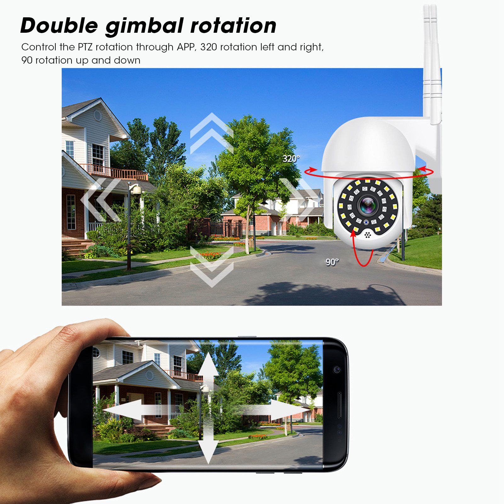 Eine Überwachungskamera mit Haus im Hintergrund und Telefon mit Ansicht.