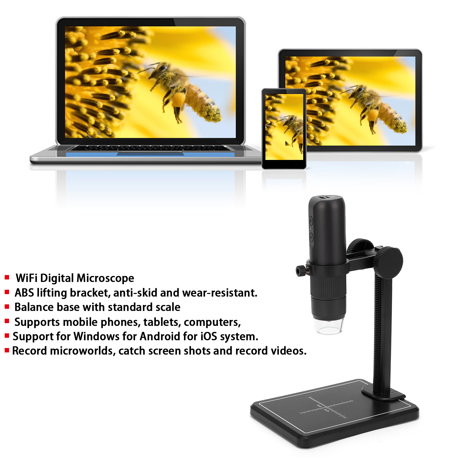 Ein Mikroskop und Geräte, mit einem Laptop, Tablet und Telefon, das eine Biene auf einer Blume zeigt.