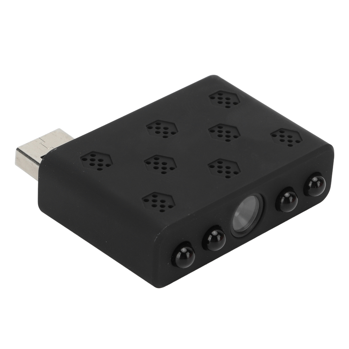 Schwarze Mini-Kamera mit Knöpfen und USB-Anschluss.