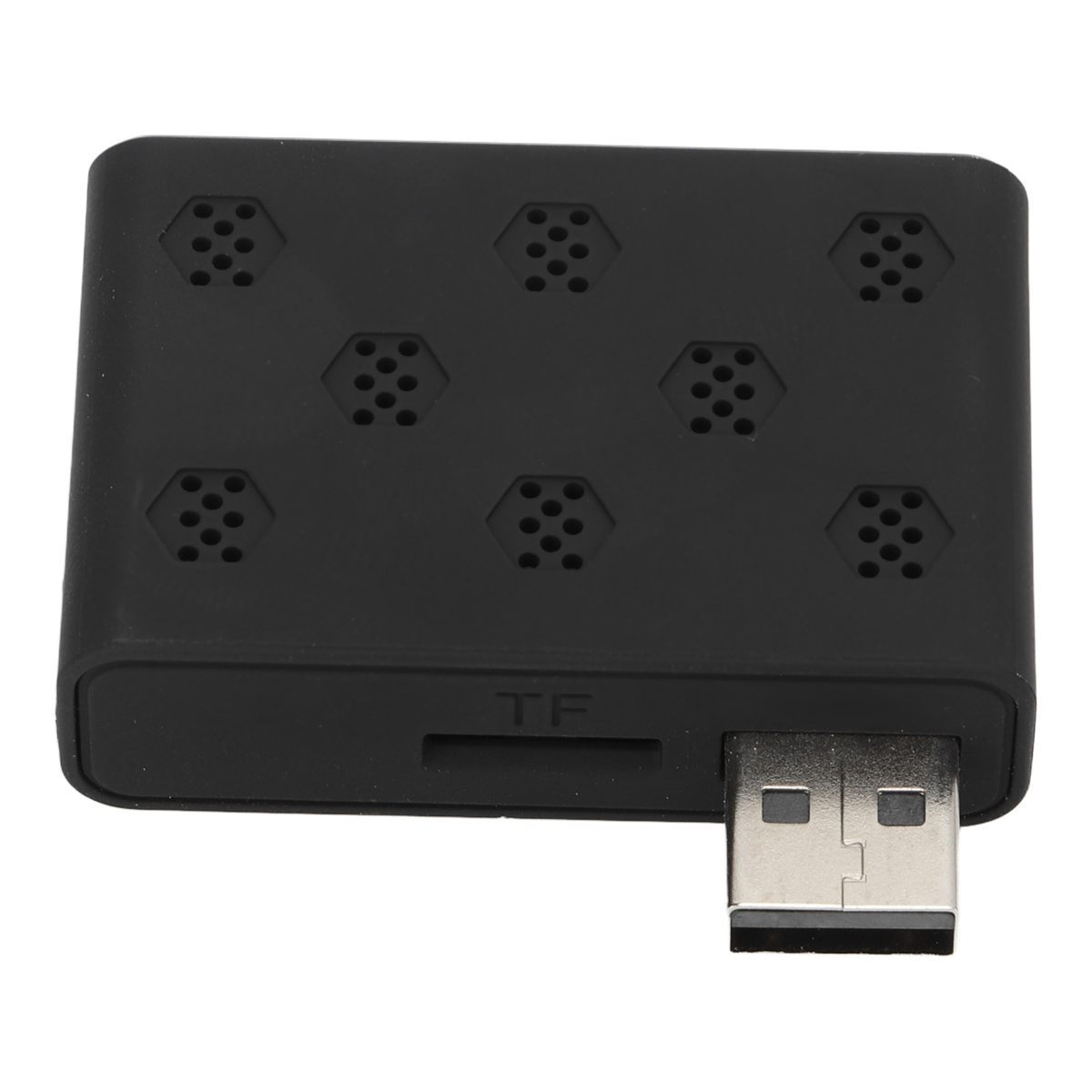 Schwarzes elektronisches Gerät mit sechseckigen Löchern und einem USB-Anschluss.