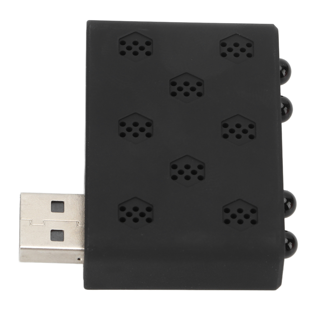 Schwarzes USB-Gerät mit sechseckigen Löchern. Schwarze runde Knöpfe an der Seite.