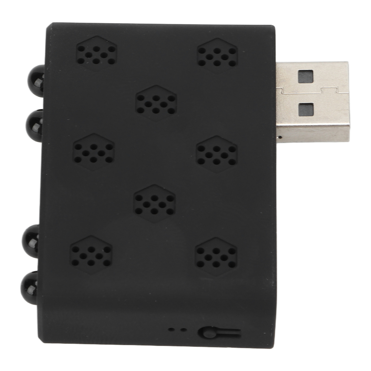 Ein schwarzes USB-Gerät mit einer Reihe von Punkten und Löchern. Es hat einen USB-Anschluss an einem Ende.