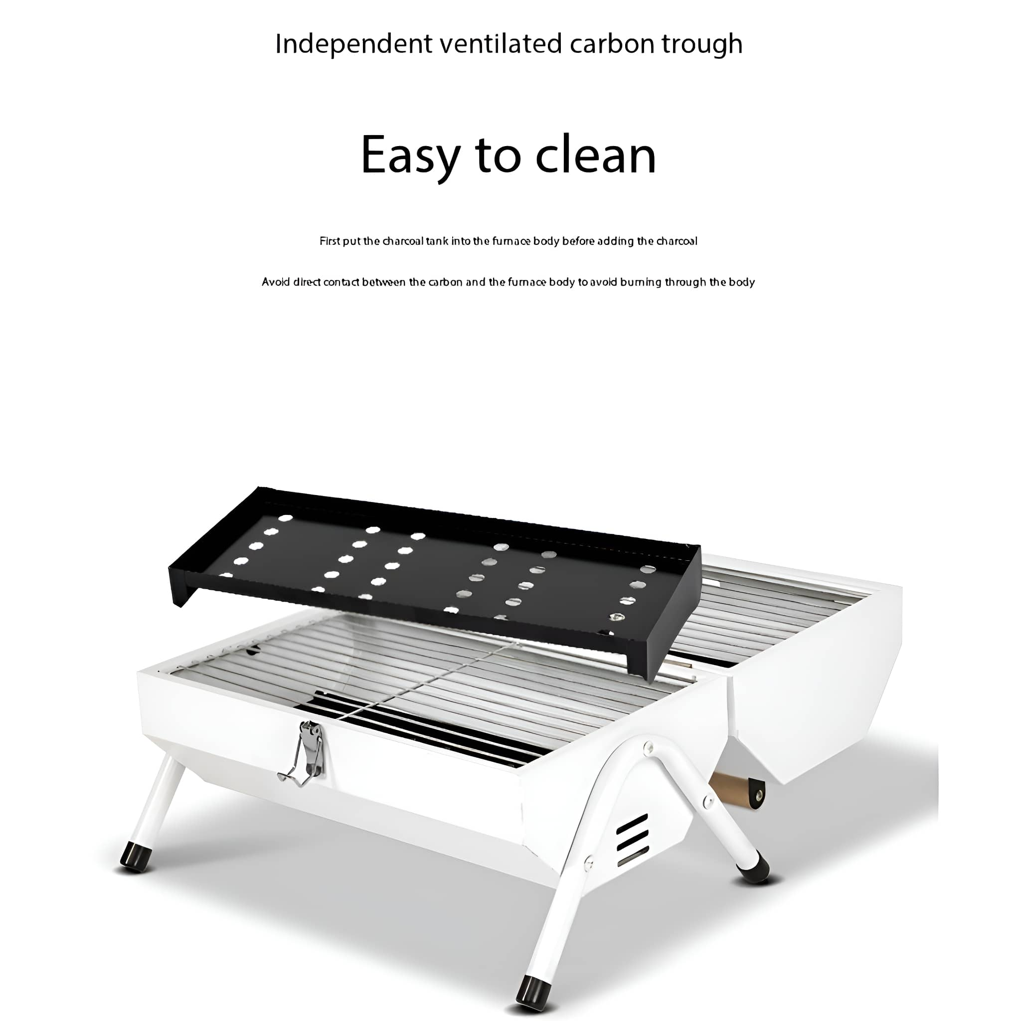 Weißer Grill mit schwarzem Rost, leicht zu reinigen.