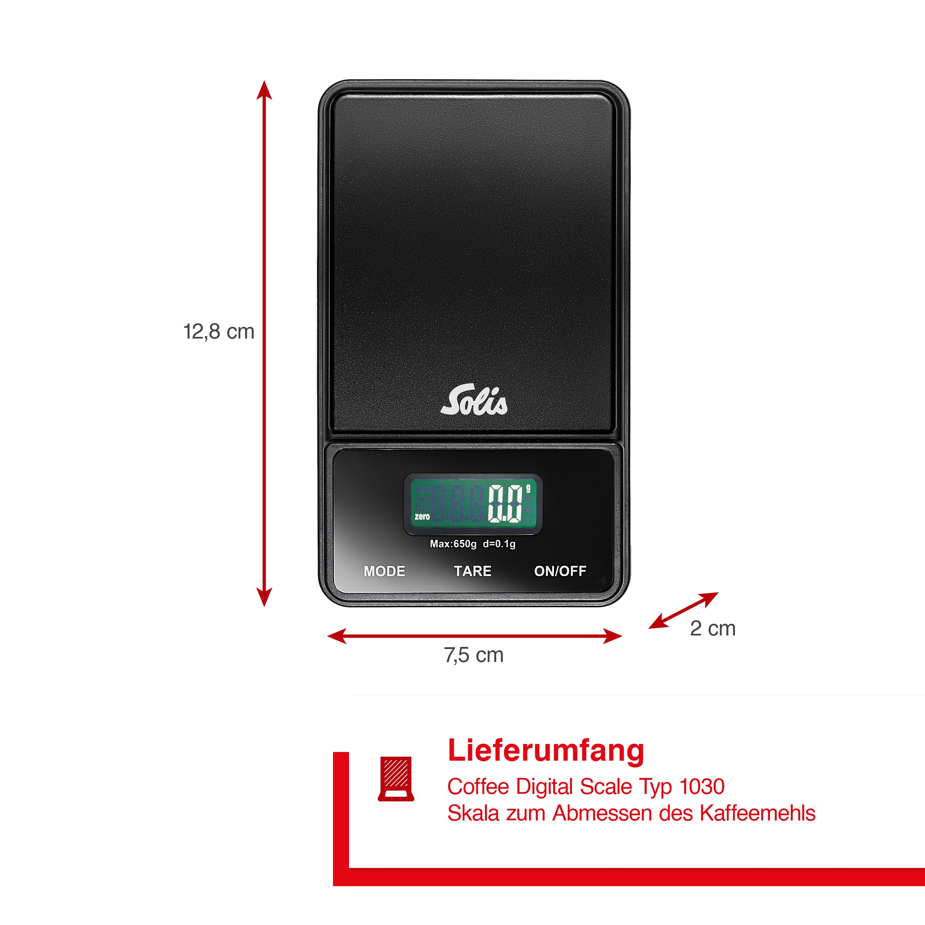 Schwarze digitale Kaffeewaage mit kleinem Display. Abmessungen sind beschriftet.