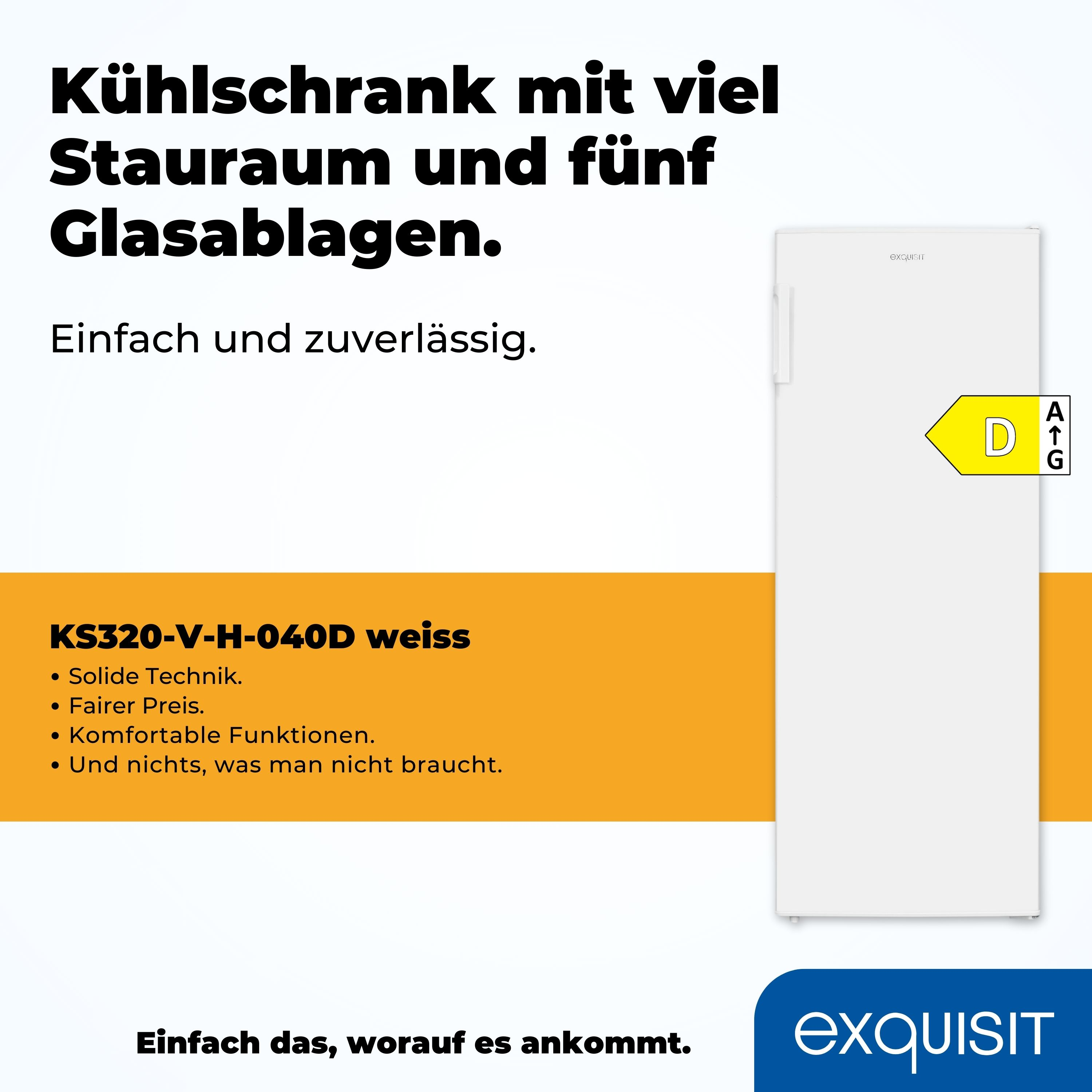 Ein weißer Kühlschrank mit einem D-Energielabel. Der Text beschreibt den Kühlschrank als geräumig mit Glasablagen.