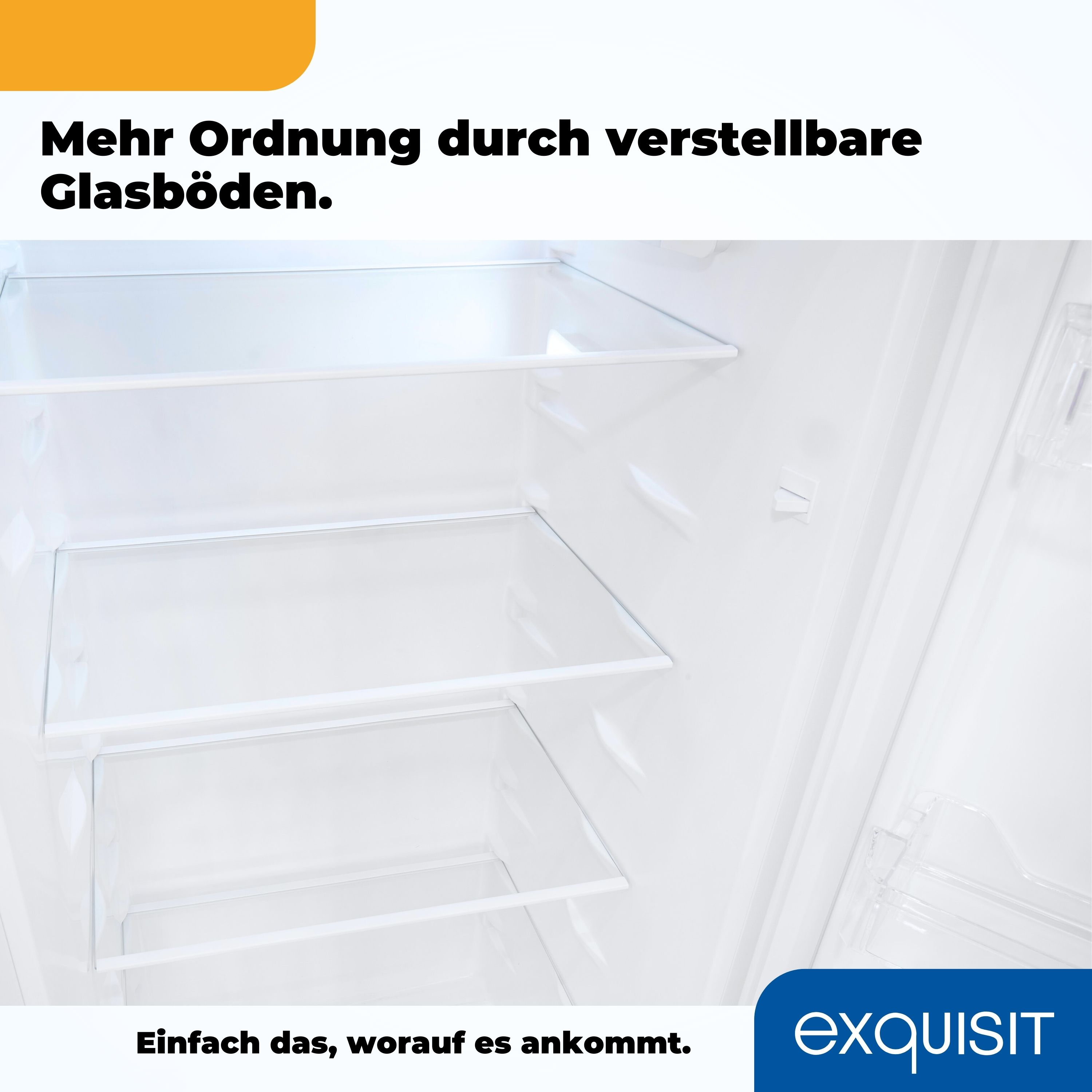 Ein Kühlschrankinnenraum mit verstellbaren Glasböden. Oben steht der deutsche Text 'Mehr Ordnung durch...'