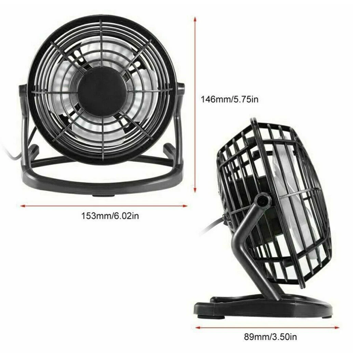 Schwarzer Schreibtischventilator, zwei Ansichten. Seitenansicht zeigt die Abmessungen des Lüfters.