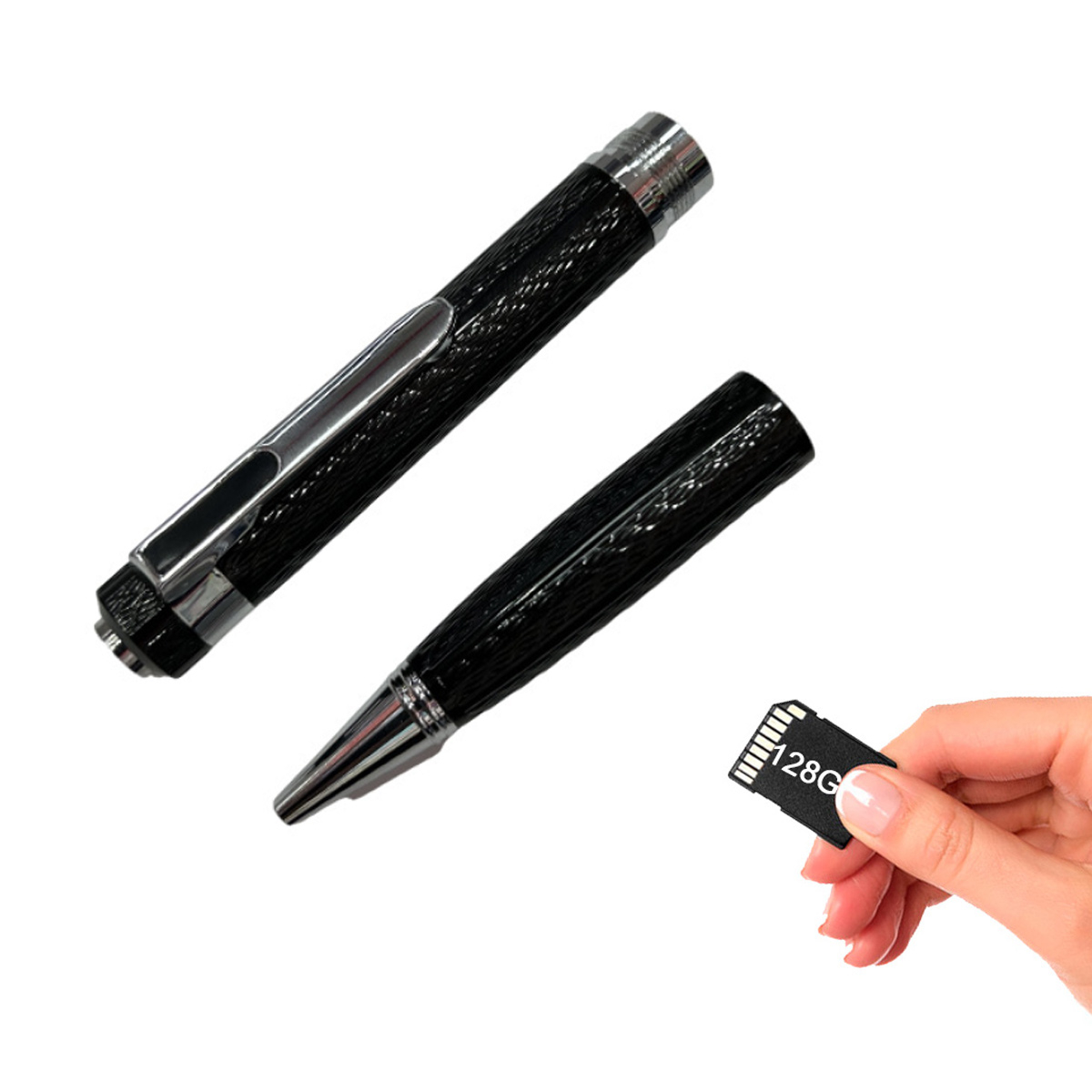 Zwei schwarze Stifte, einer geöffnet, mit silberner Spitze. Eine Hand hält eine 128G SD-Karte.