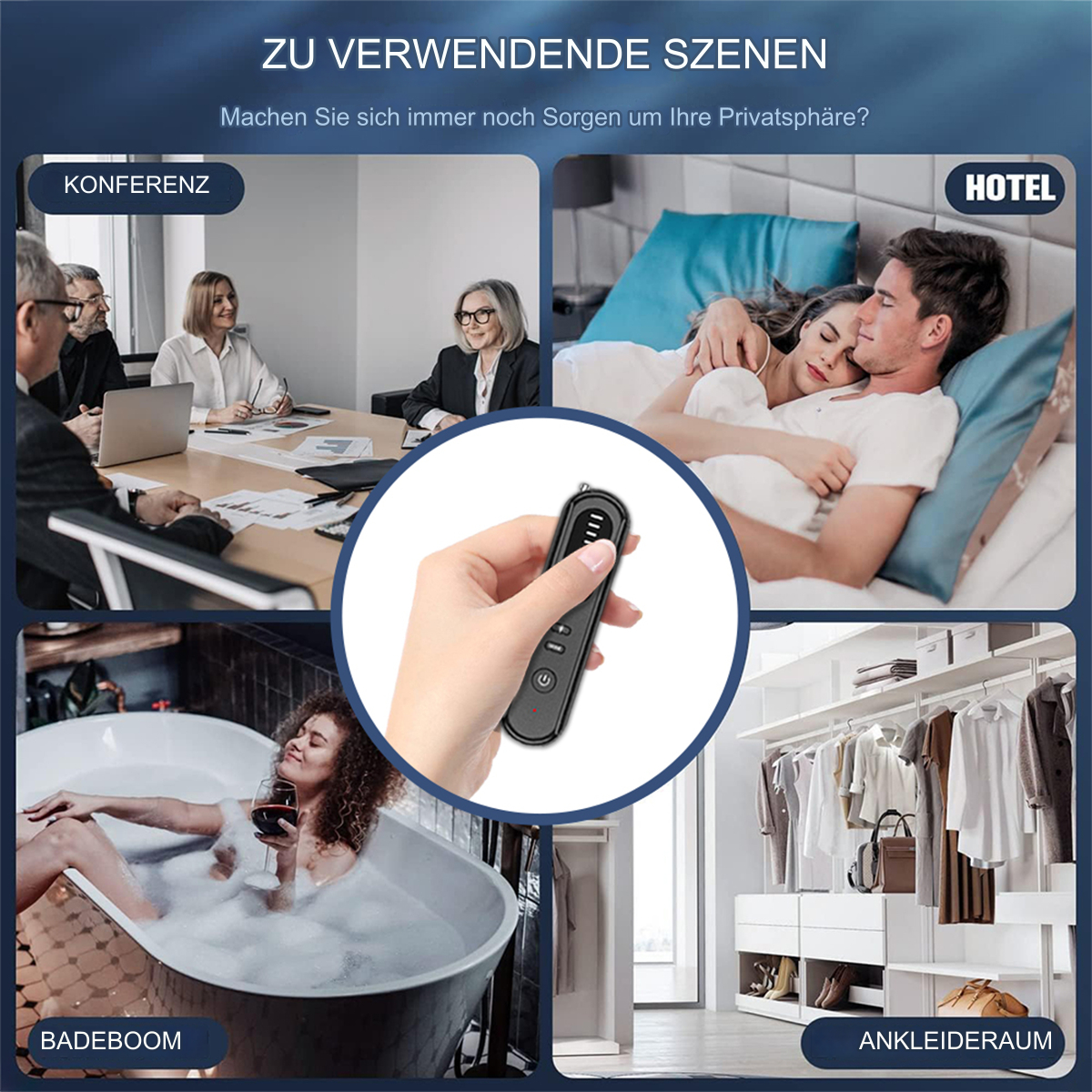 Mehrere Szenen mit einer Fernbedienung. Konferenz, Hotel, Badewanne und Schrank. Verschiedene Szenarien gezeigt.