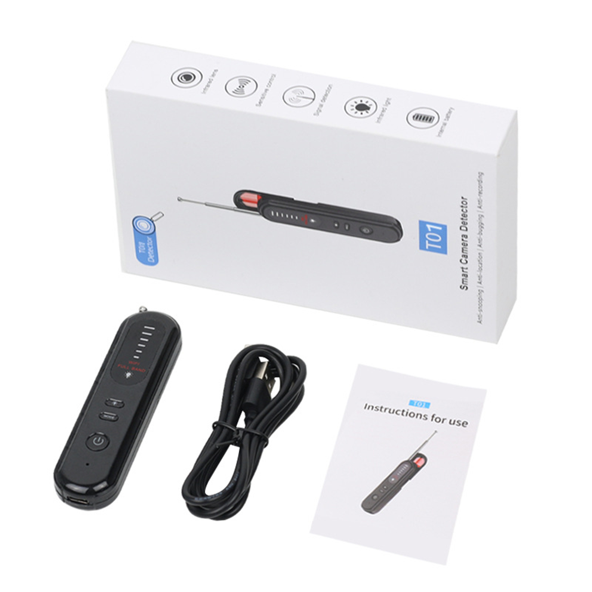 Ein schwarzer Kameradetektor, Anweisungen und ein USB-Kabel sind auf weißem Hintergrund zu sehen.