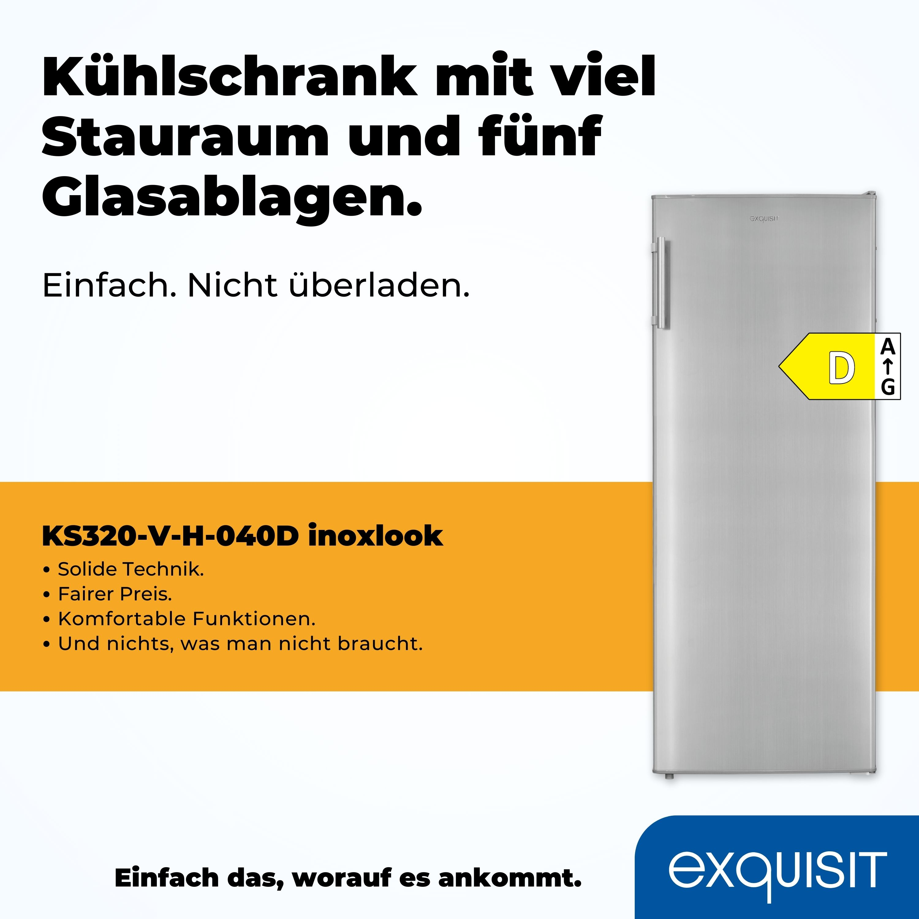 Silberner Kühlschrank mit Text in Gelb und Blau. Der Text beschreibt das Produkt und die Marke.