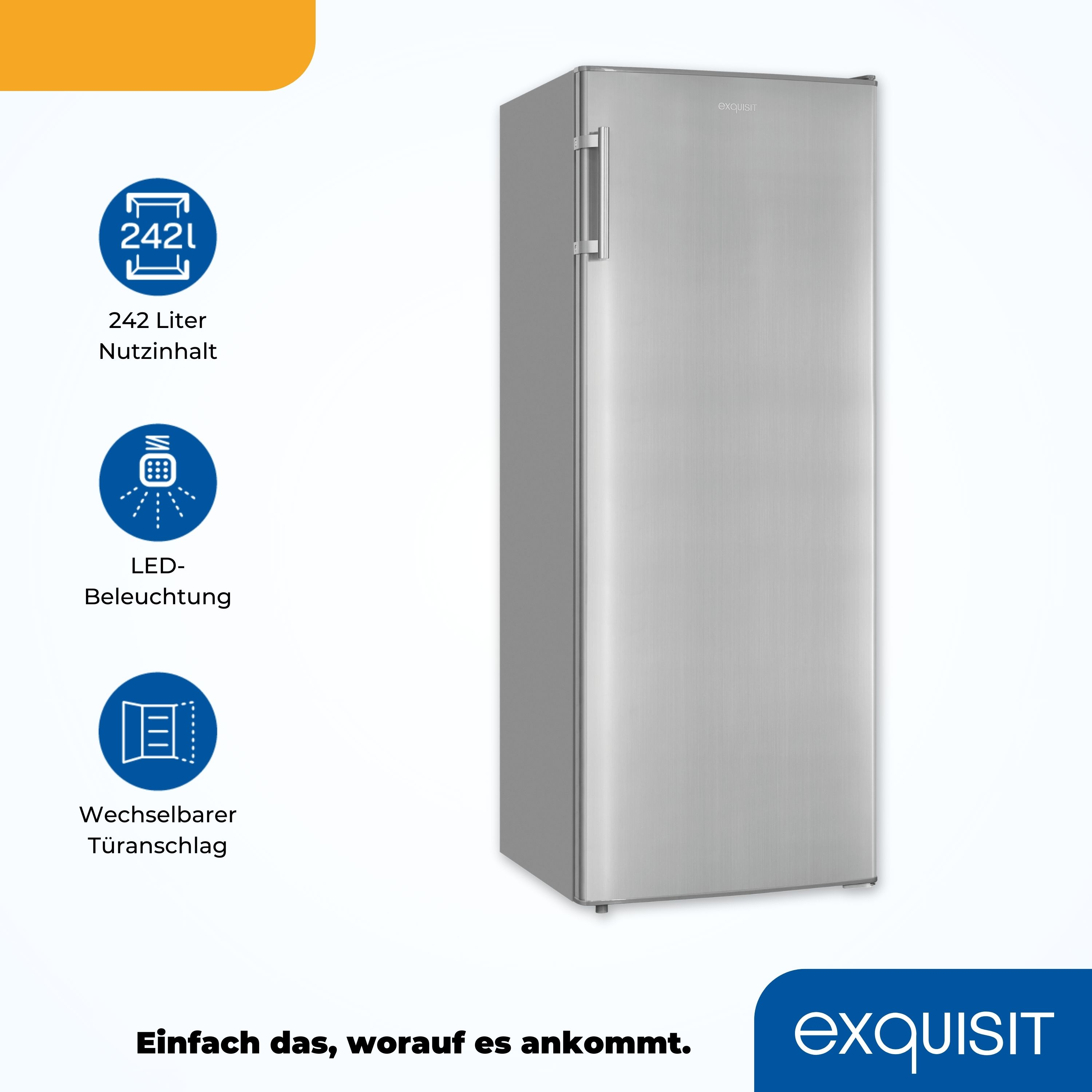 Silberner Kühlschrank mit Symbolen und Text drumherum.
