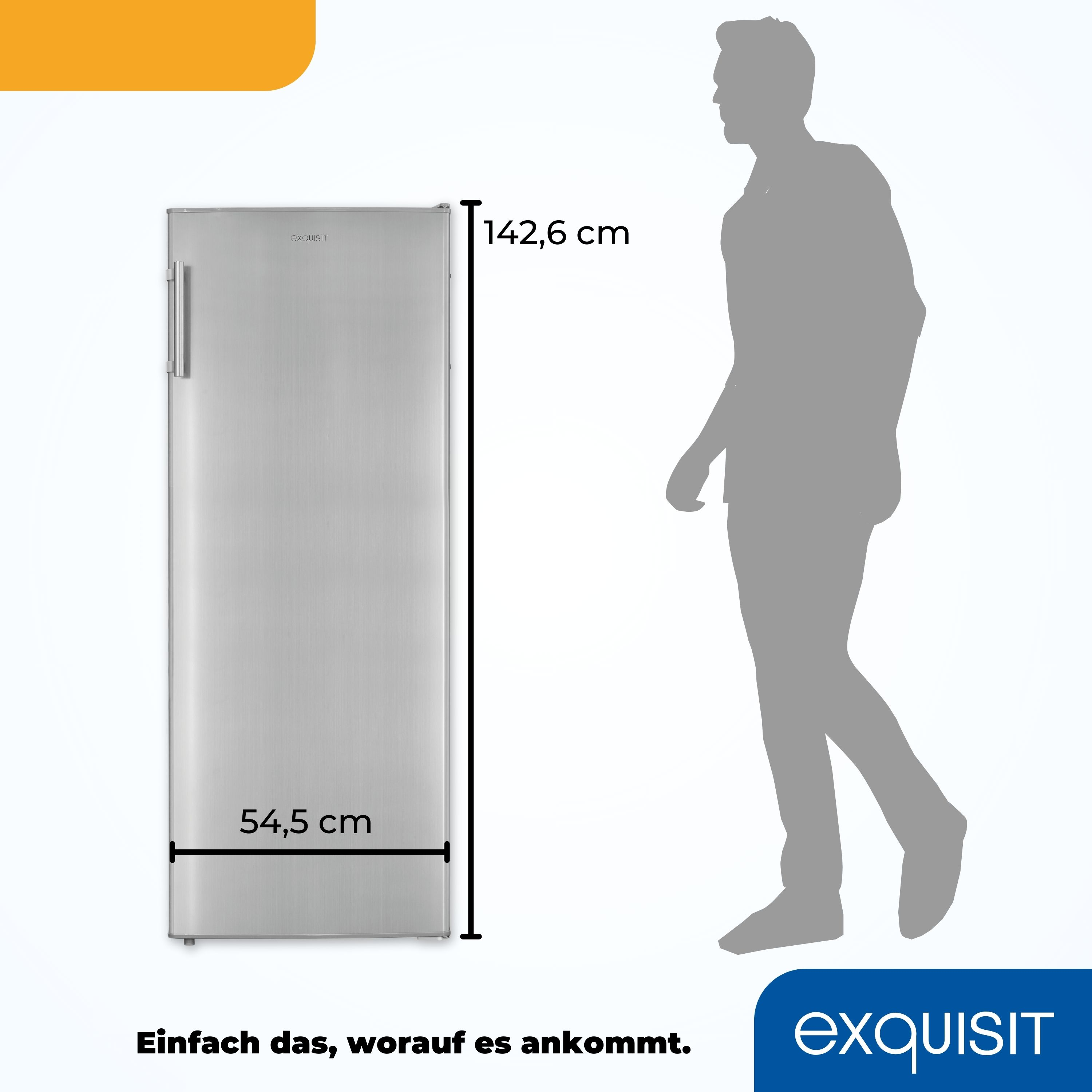 Ein silberner Kühlschrank, rechts eine Männersilhouette und Maße.