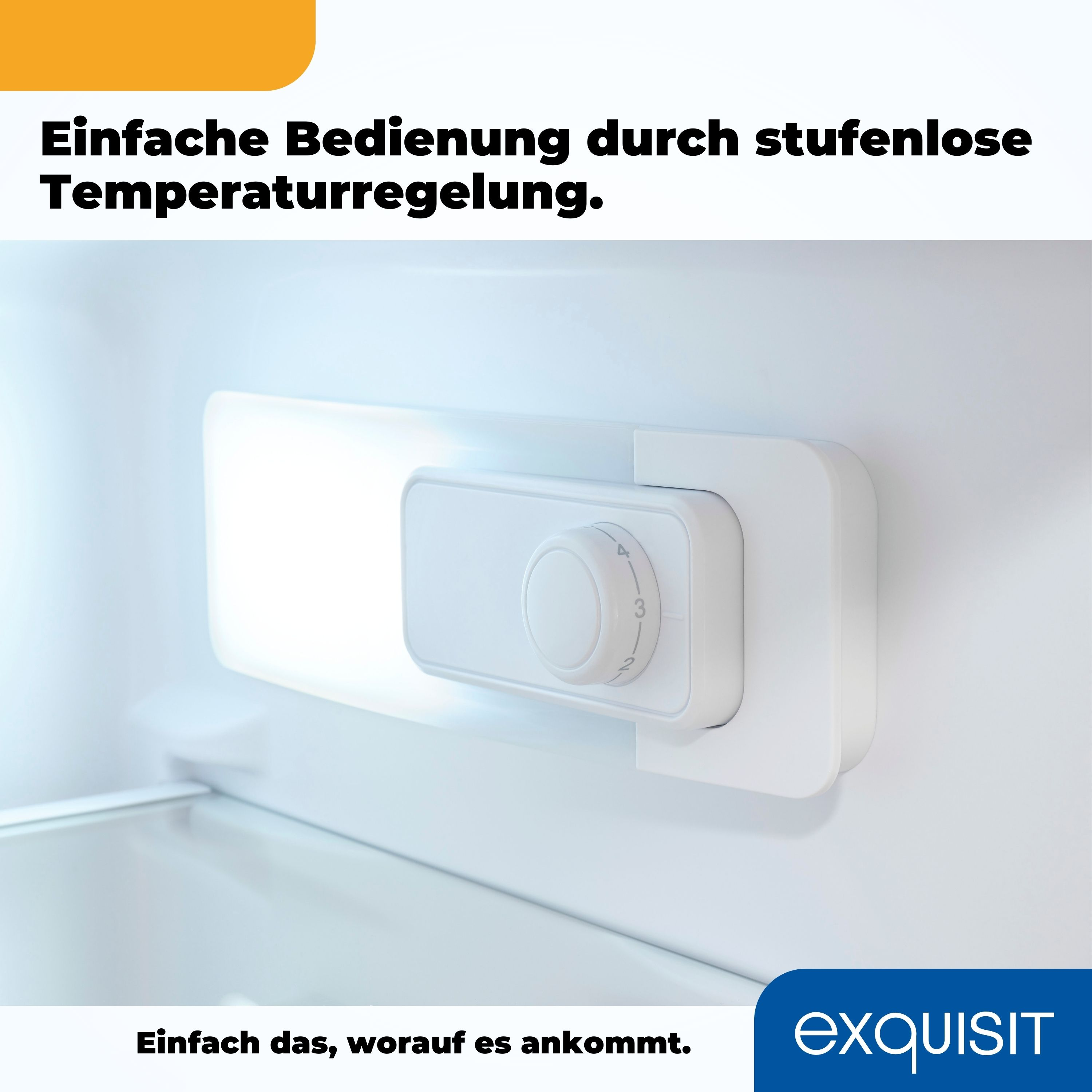 Innenraum eines Kühlschranks. Temperaturregler auf der rechten Seite. Weißer Innenraum.