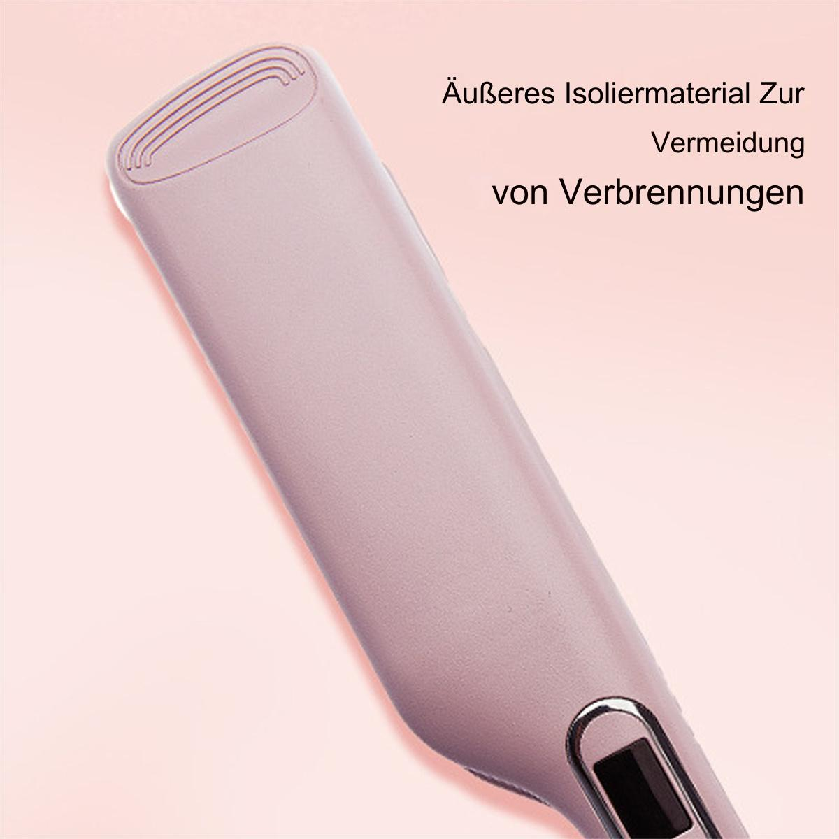 Pinker Haarglätter mit deutschem Text. Pinker Hintergrund.