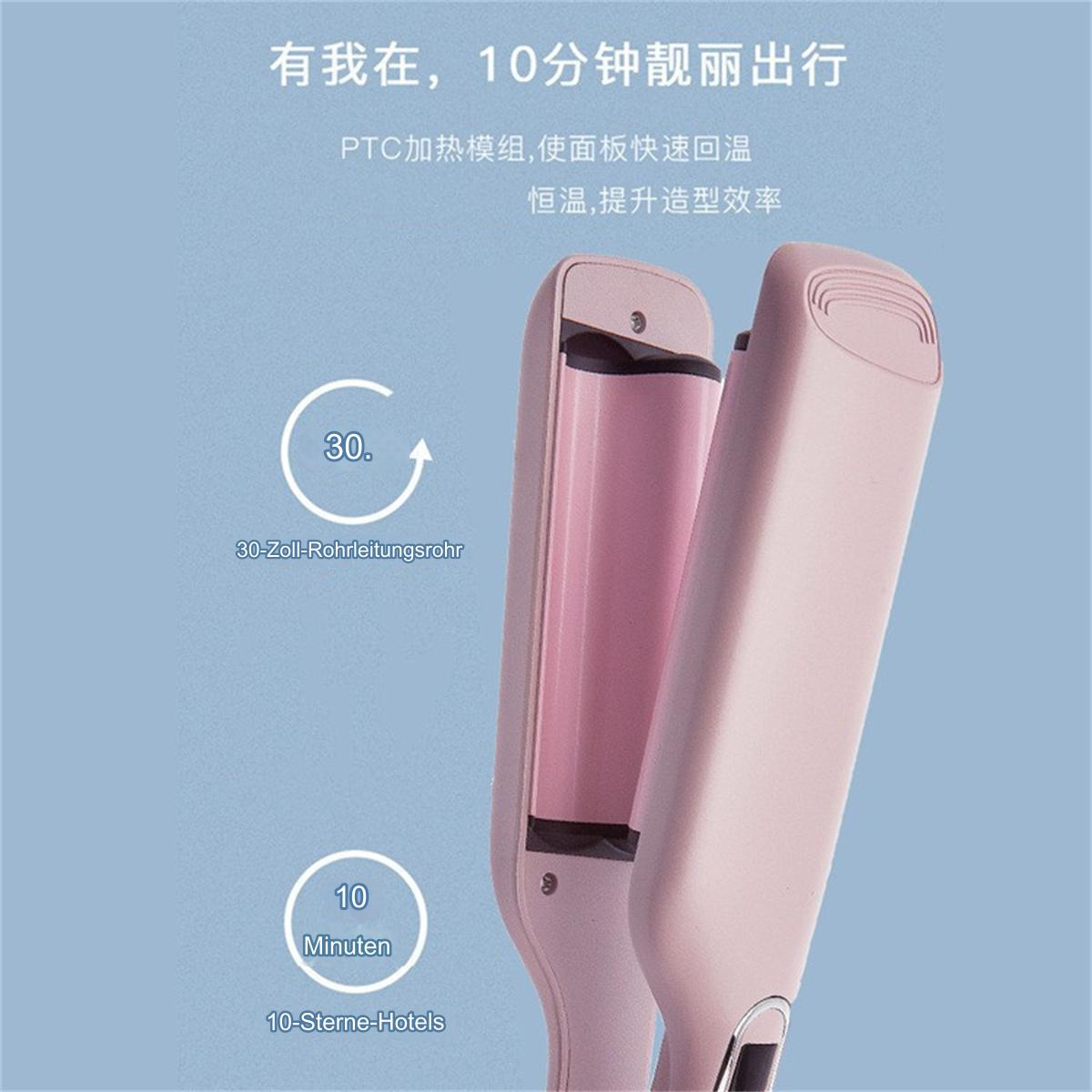 Haarglätter mit rosa Platten. Text auf Chinesisch und ein Timer. Weißer Hintergrund.