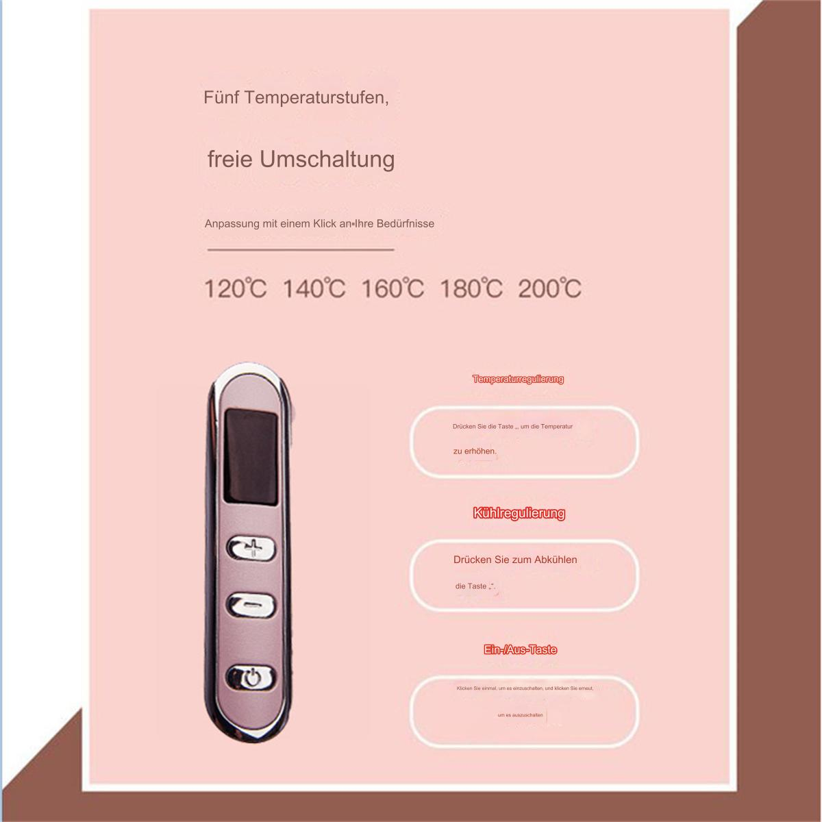 Ein Bedienfeld mit Temperatureinstellungen und anderen Optionen, rosa Hintergrund mit Text.