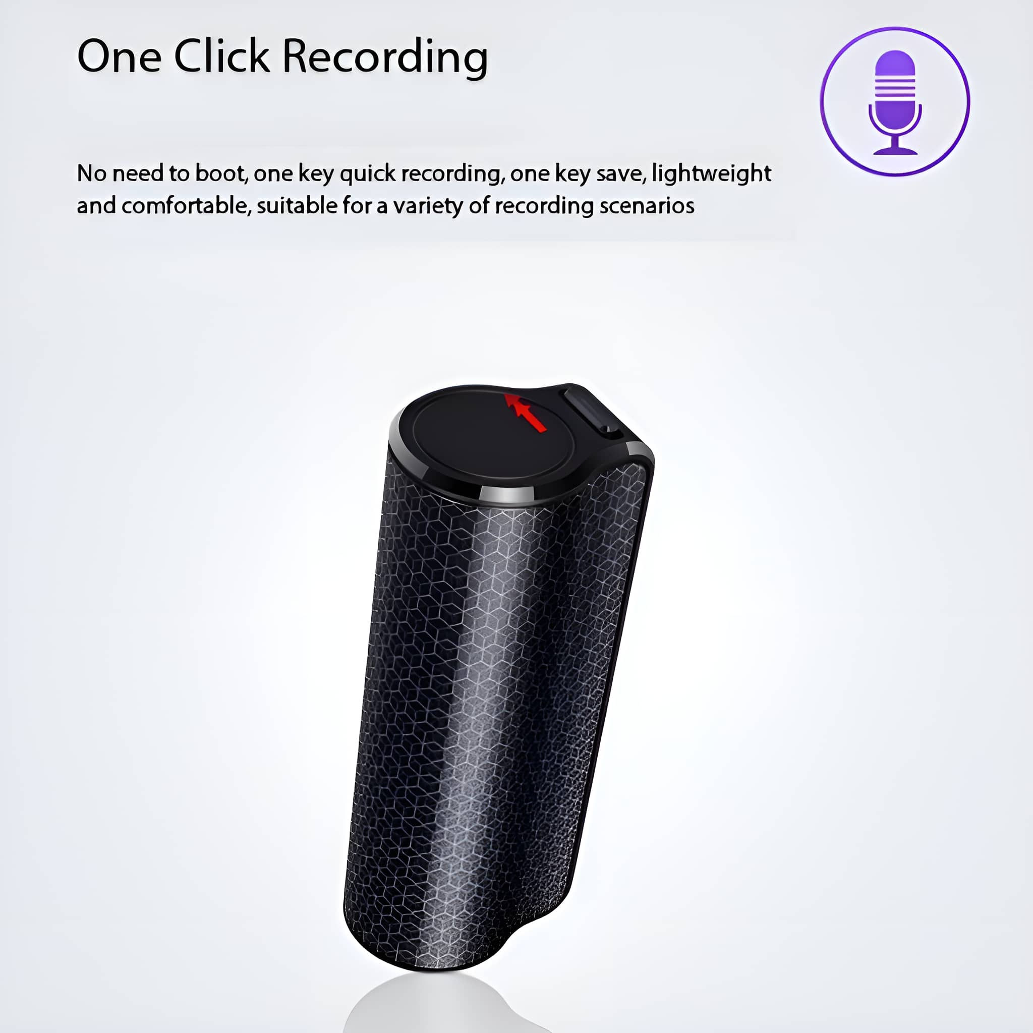 Schwarzer Sprachrekorder. Ein roter Pfeil zeigt, wie man die Aufnahme startet. Text: 'One Click Recording'.