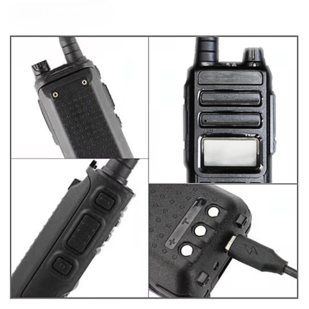 Schwarzes Walkie-Talkie, Nahaufnahmen, verschiedene Winkel. Knöpfe, Antenne und Ladeanschluss sichtbar.