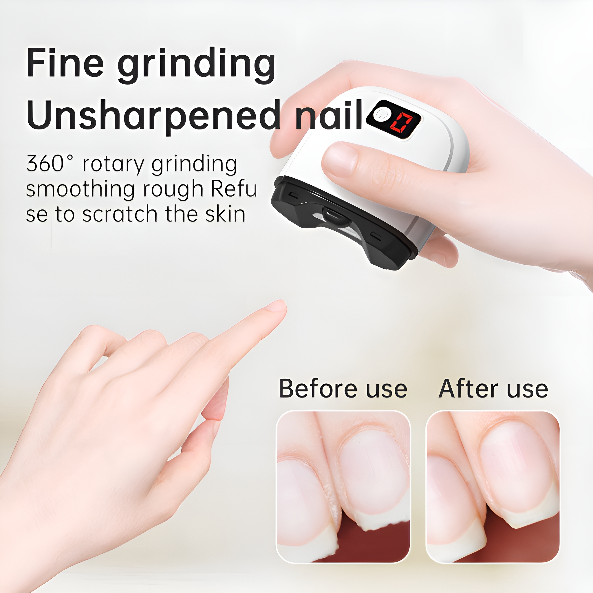 Hand, die ein Nagel-Schleifwerkzeug hält. Vorher- und Nachher-Nagelbilder.