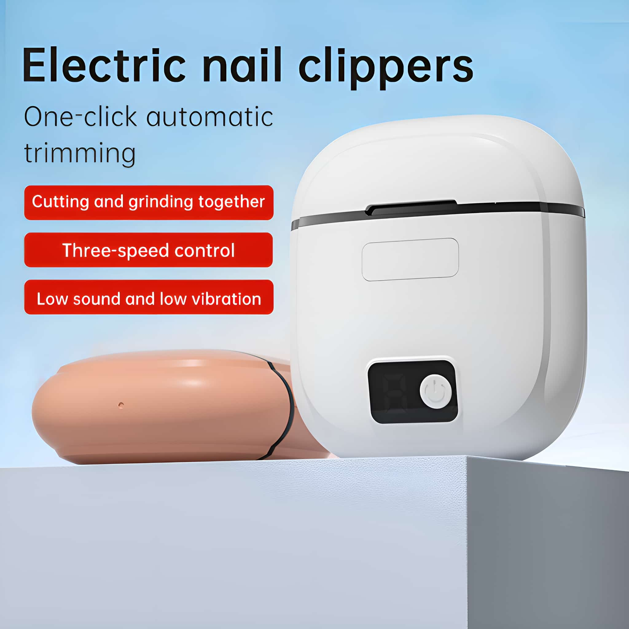 Weißer elektrischer Nagelknipser, mit einem pfirsichfarbenen Gerät.