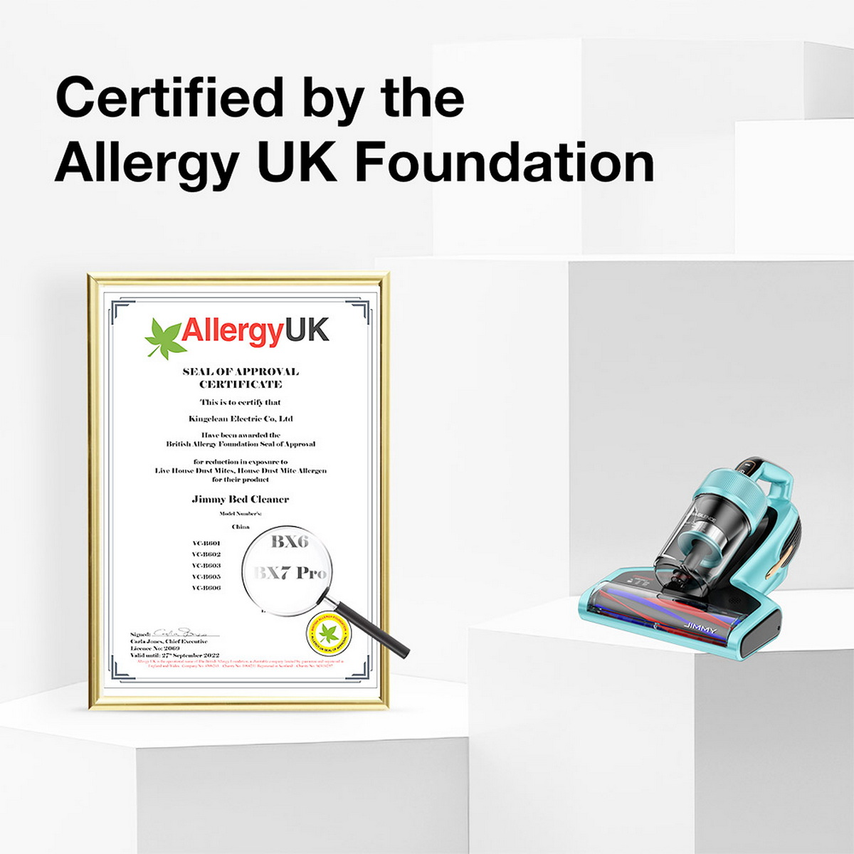 Ein Allergy UK-Zertifikat und ein Staubsauger. Der Hintergrund ist weiß mit Text oben.