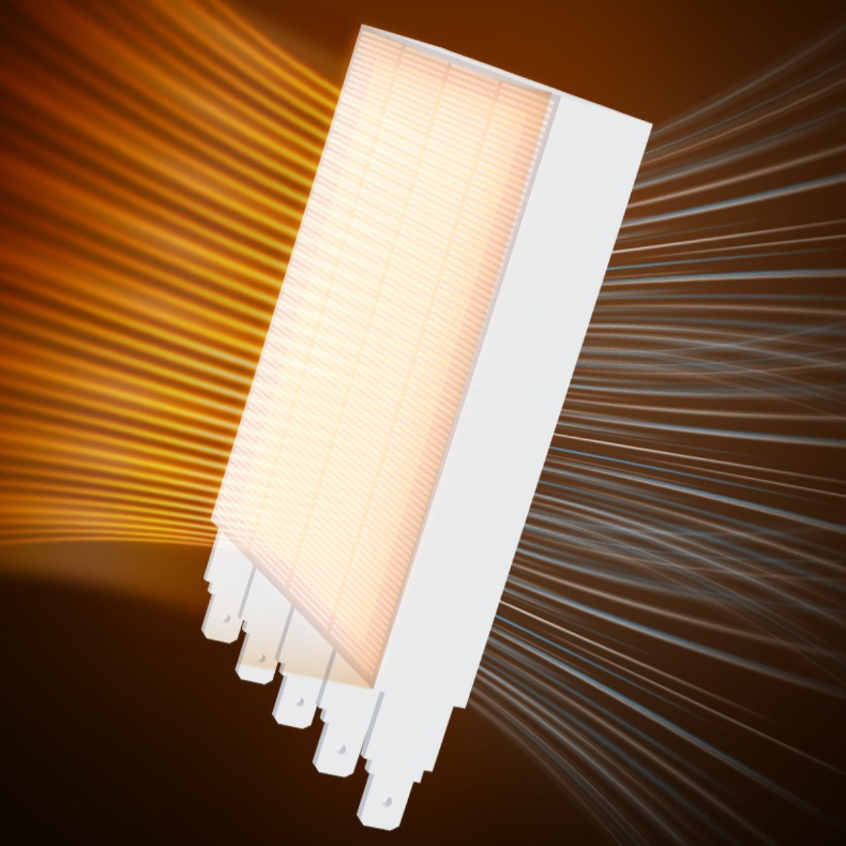 Eine elektronische Komponente mit weißem Rahmen und vielen gelben Linien, die von ihr ausgehen, auf braunem Hintergrund.
