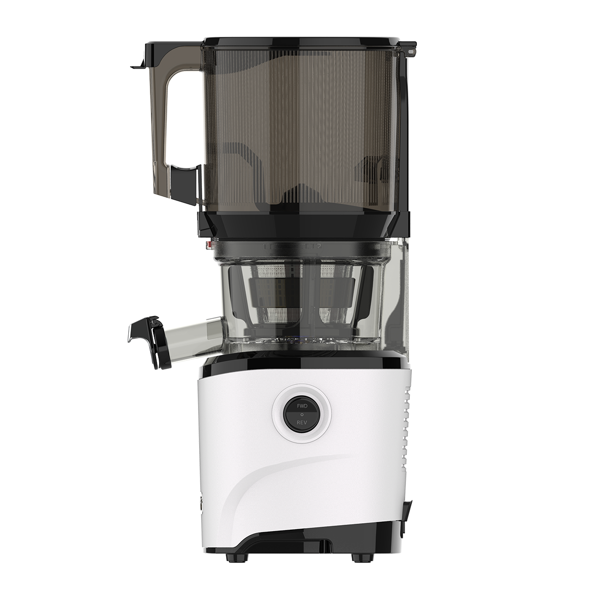 Extractor de jugos blanco y negro. Tiene una tapa gris con asa y una base negra.