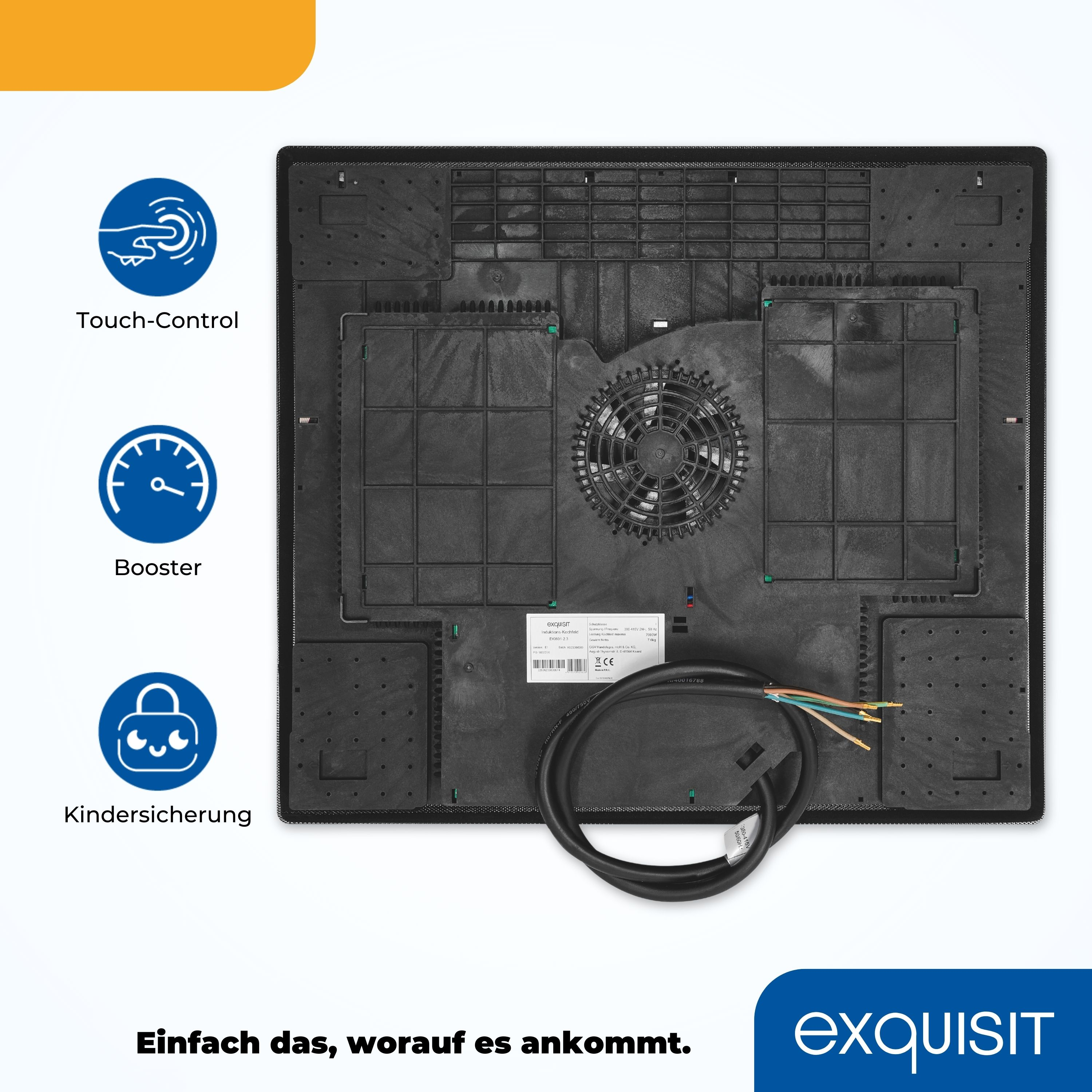 Schwarzes Induktionskochfeld mit Symbolen für Touch-Steuerung, Booster und Kindersicherung, weißer Hintergrund.