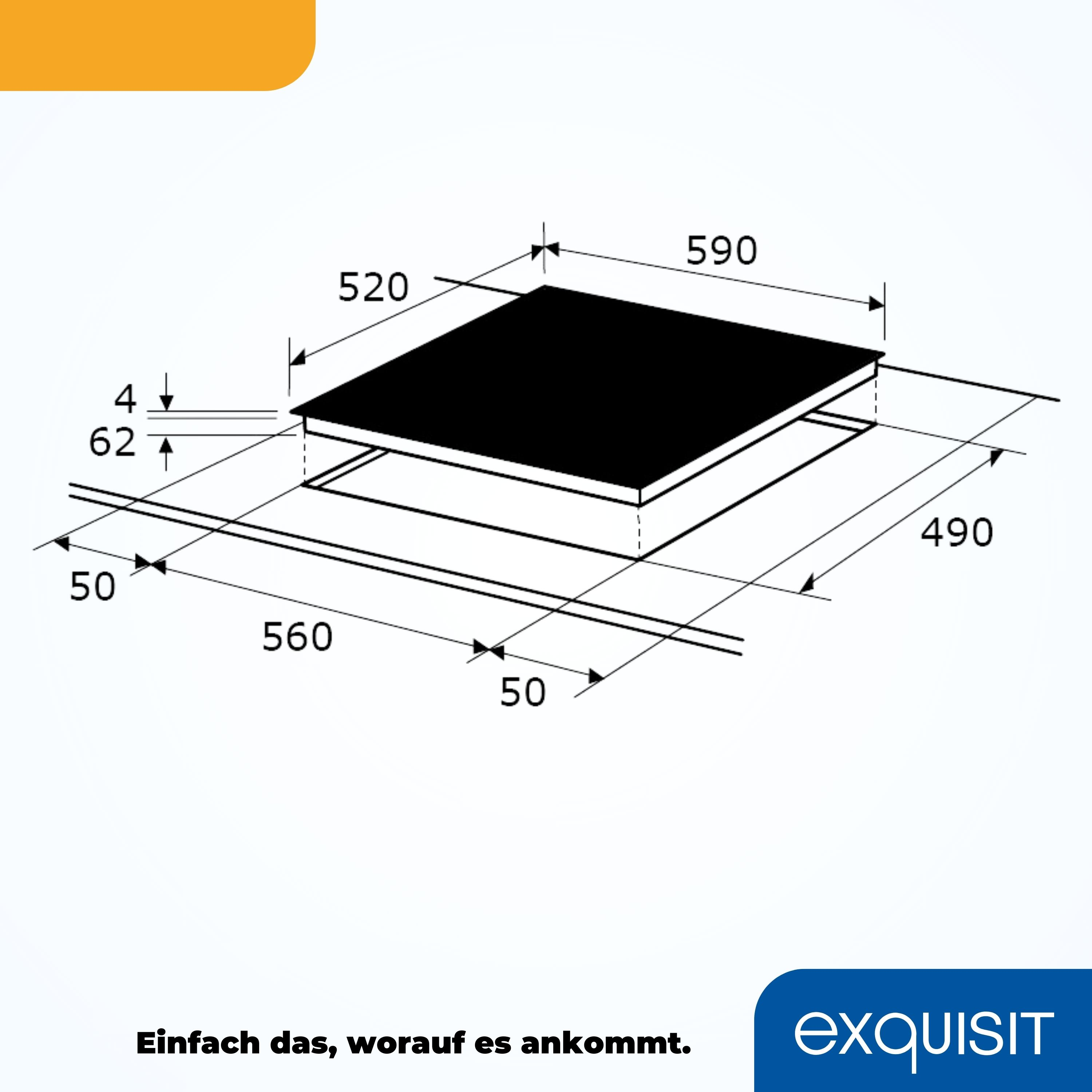 Schwarzes Kochfeld mit Abmessungen, Diagrammen und einem Logo unten.