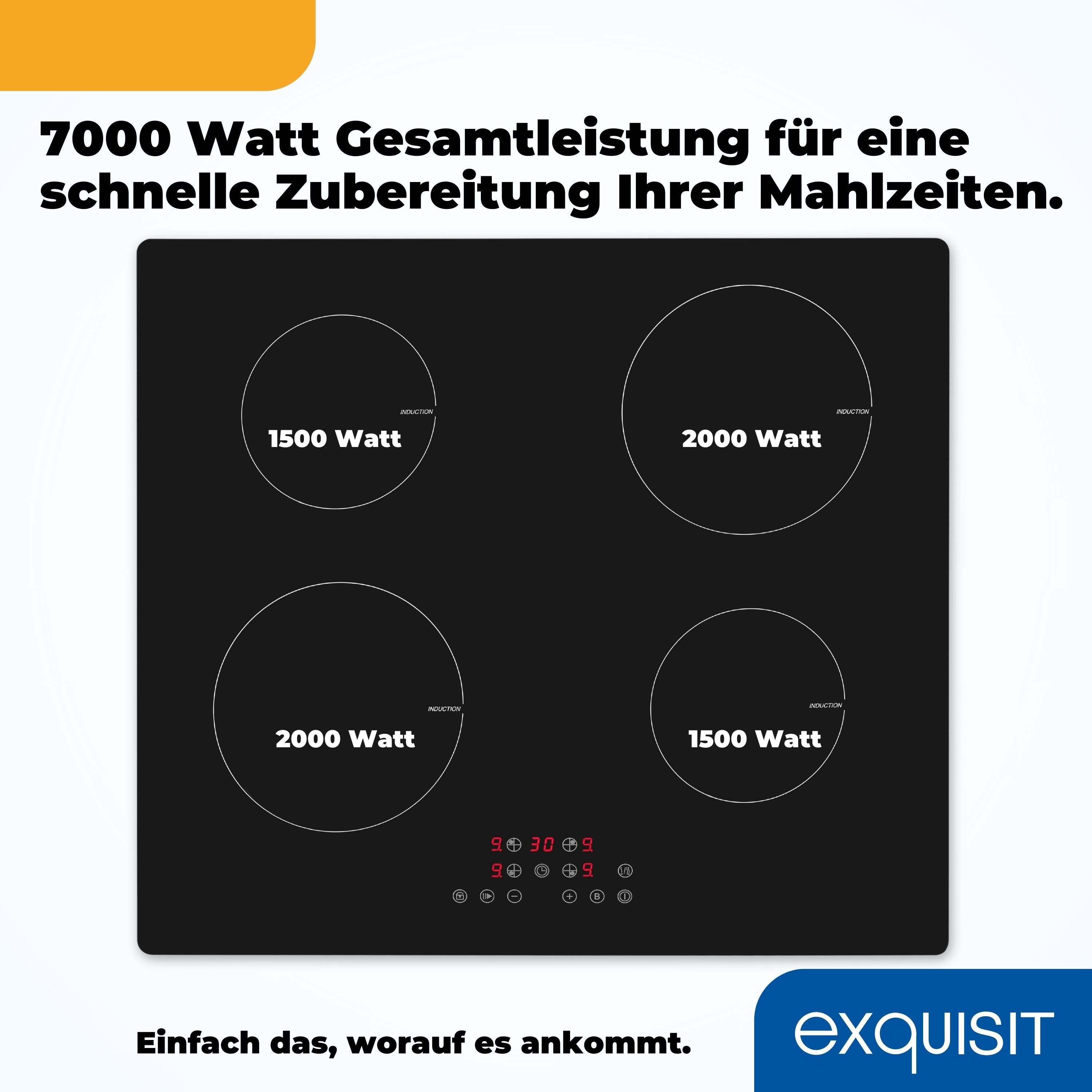 Schwarzes Induktionskochfeld mit vier Kochfeldern, Text sagt 7000W Gesamtleistung.
