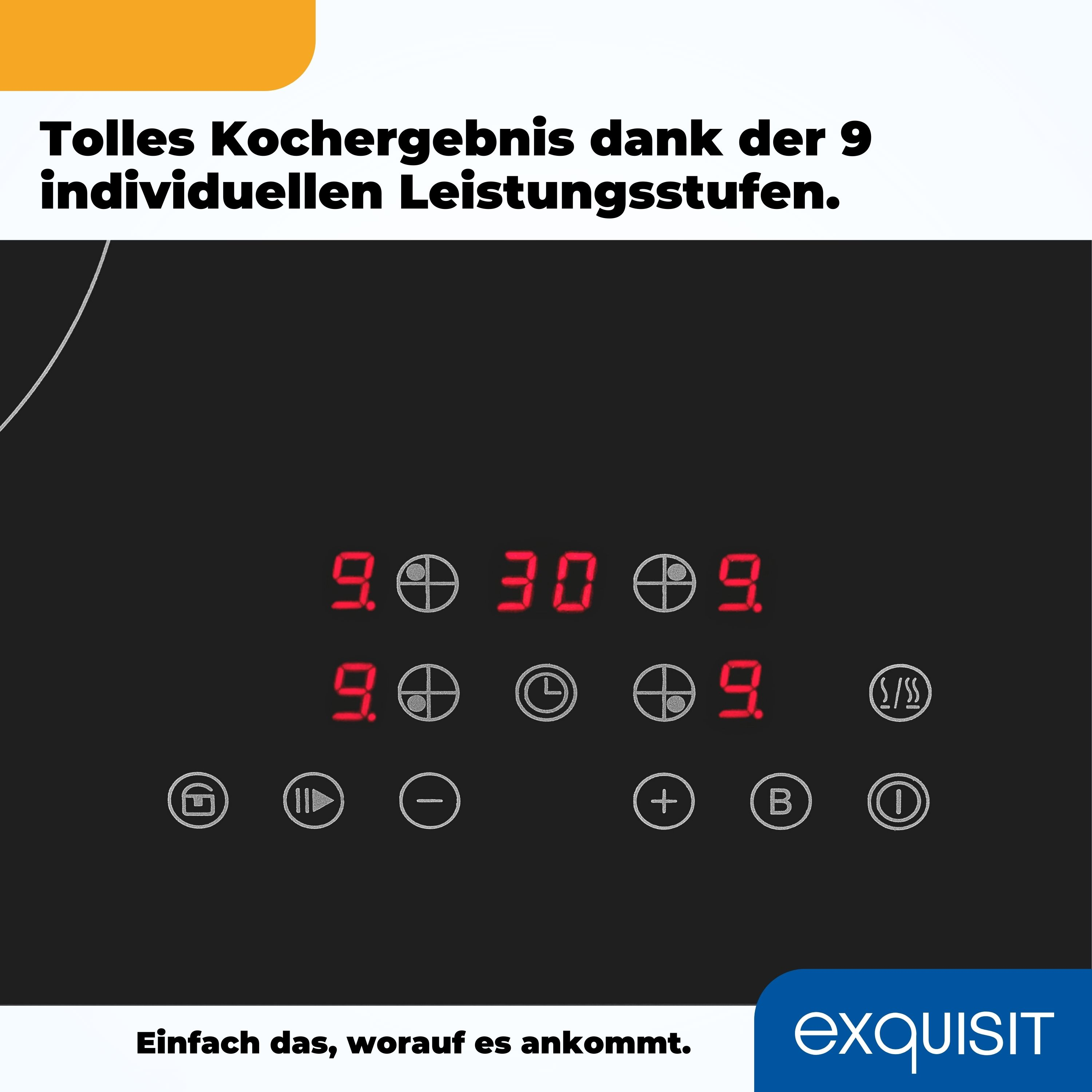 Nahaufnahme der Bedienelemente des Induktionskochfelds mit roten Zahlen. Zeigt Kochleistungsstufen.
