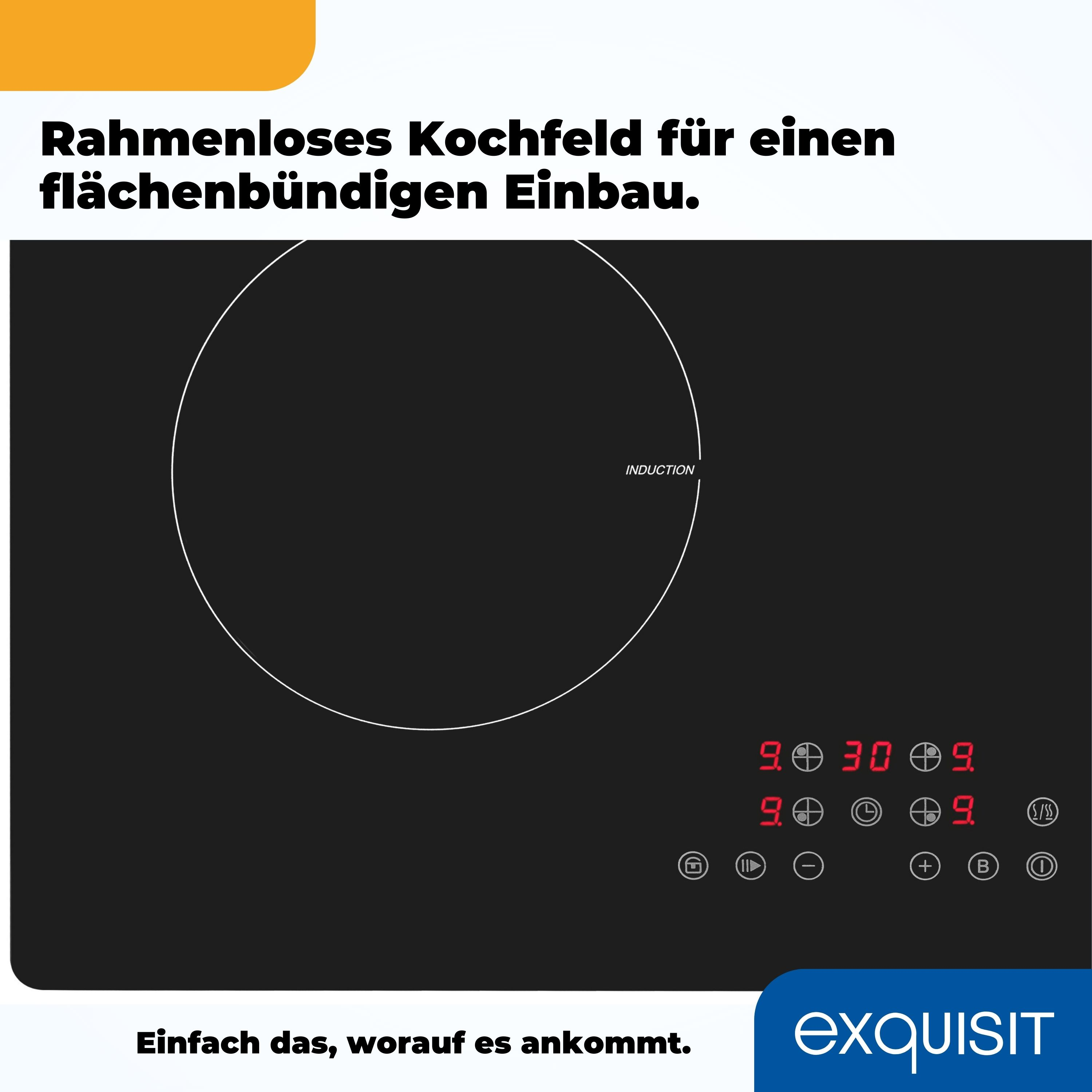 Schwarzes Induktionskochfeld mit roter Digitalanzeige. Weißer Kreis zeigt Kochzone.