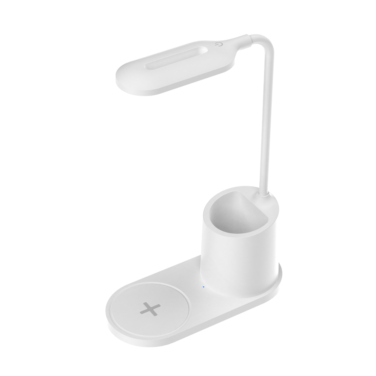 Weiße Schreibtischlampe mit Stifthalter und kabelloser Ladepad-Basis auf weißem Hintergrund.