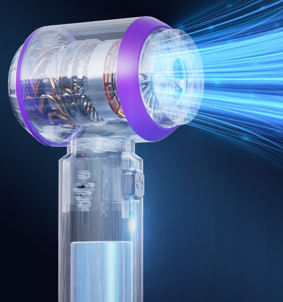 Nahaufnahme eines elektrischen Zahnbürstenkopfes mit austretenden blauen Lichtstrahlen.