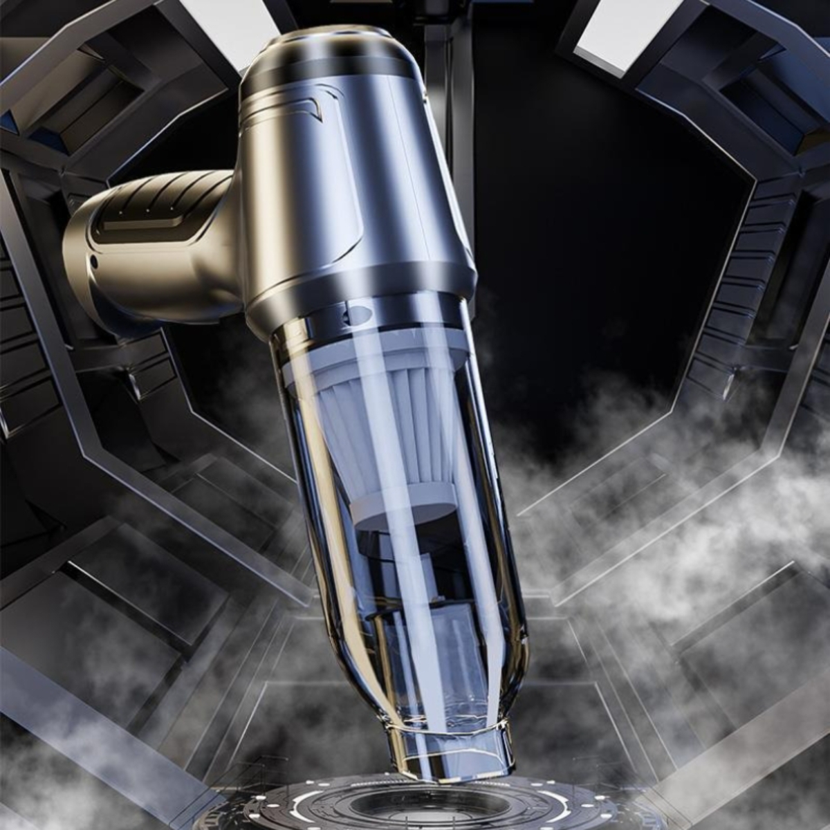 Ein silberner und schwarzer Handstaubsauger. Das Design ist futuristisch, mit transparentem Körper und Metalloberfläche.