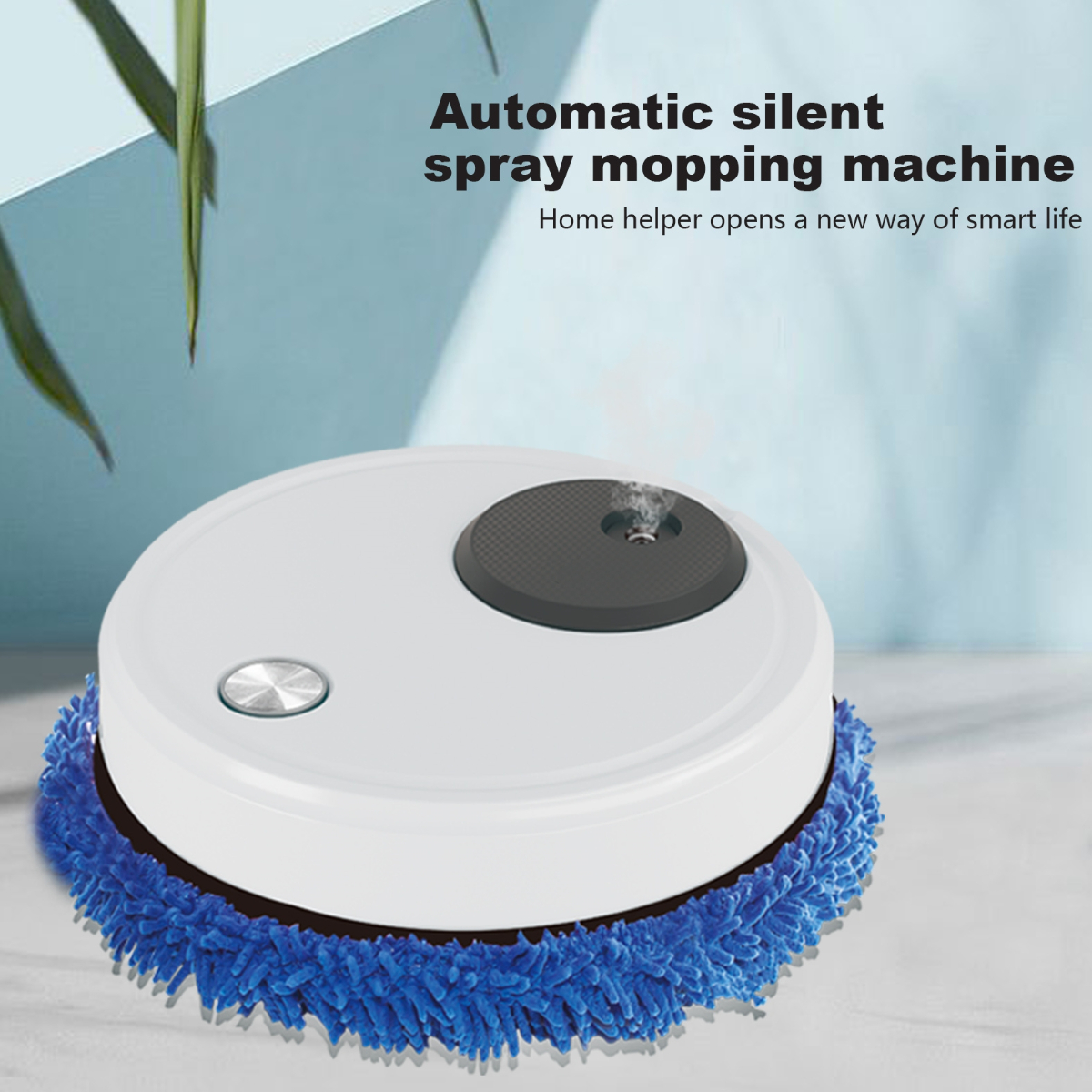 Ein weißer und blauer Roboter-Wischer reinigt einen Boden. Text besagt, dass es eine automatische Sprühmaschine ist.