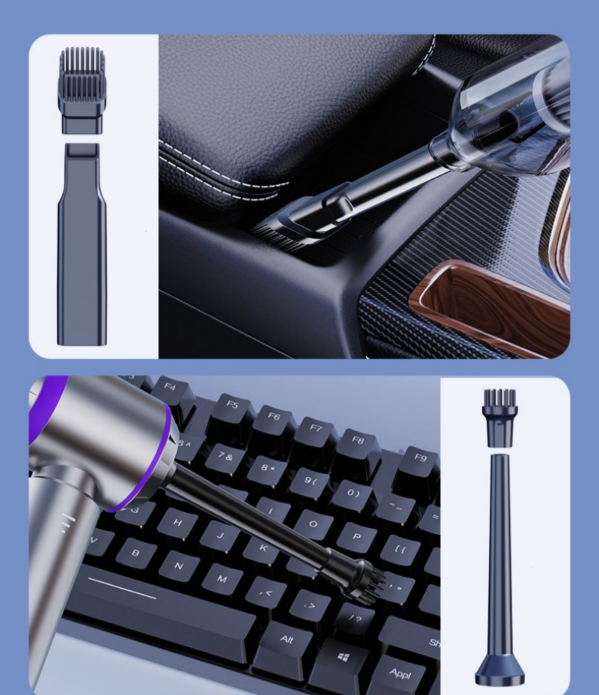 Zwei Bilder, die einen Staubsauger und eine Tastatur zeigen. Eines reinigt einen Autositz, das andere eine Tastatur.