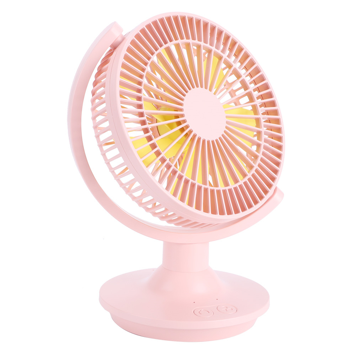Rosa, kugelförmiger Ventilator mit gelbem Flügelrad in rosa Gehäuse auf rosa Sockel.