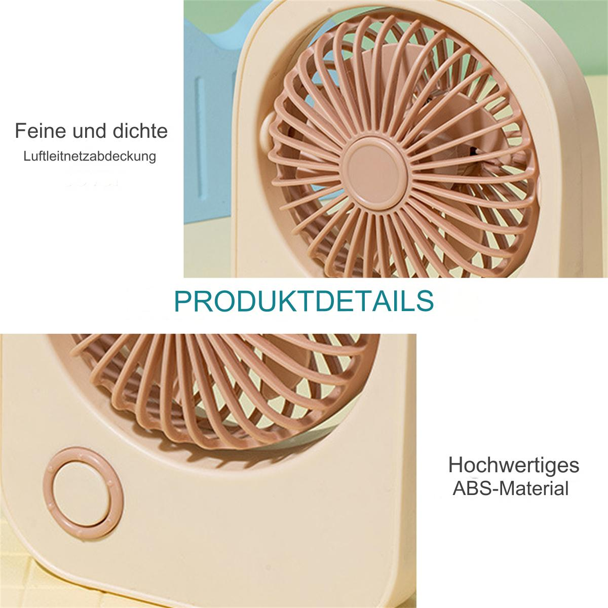 Kleiner Ventilator mit Produktdetails. Beige- und Rosatöne, Nahaufnahmen.