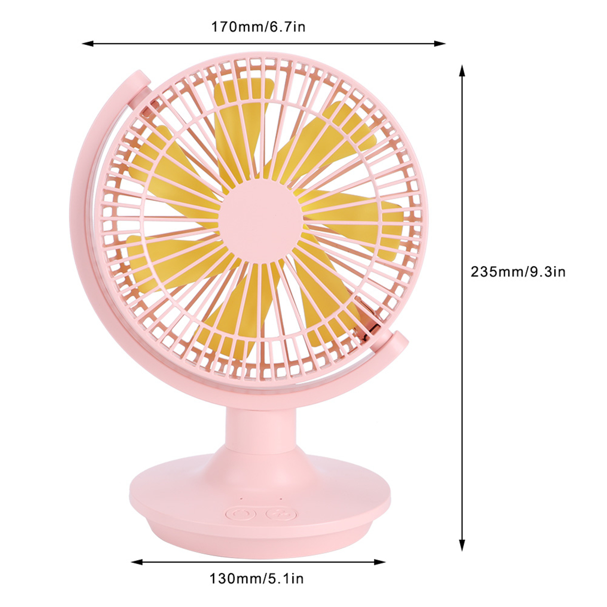 Rosa Schreibtischventilator mit gelben Flügeln und rundem Sockel, mit Maßen.