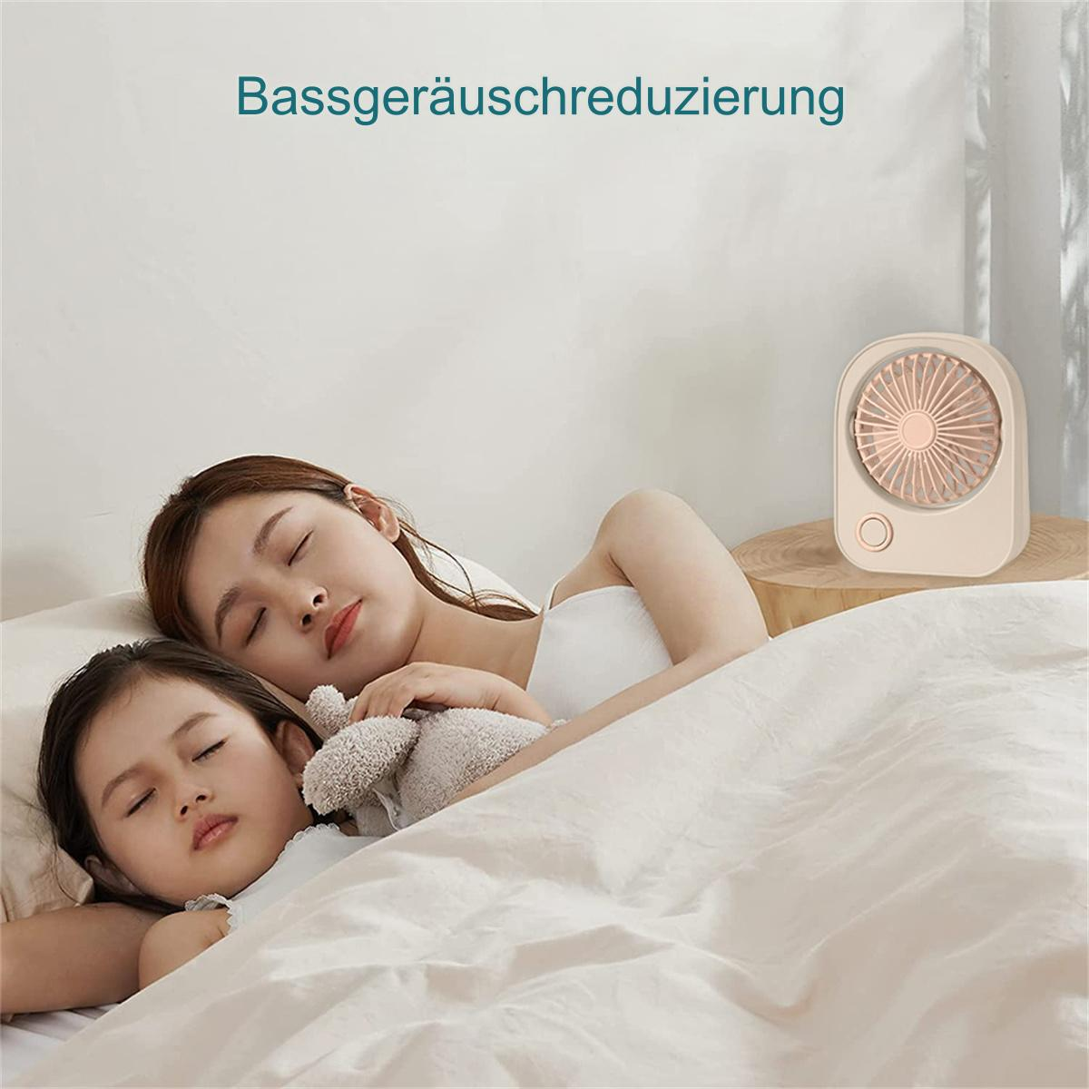 Zwei Personen schlafen auf einem Bett mit einem kleinen Ventilator auf einem Tisch. Der Text 'Bassgeräuschreduzierung'.