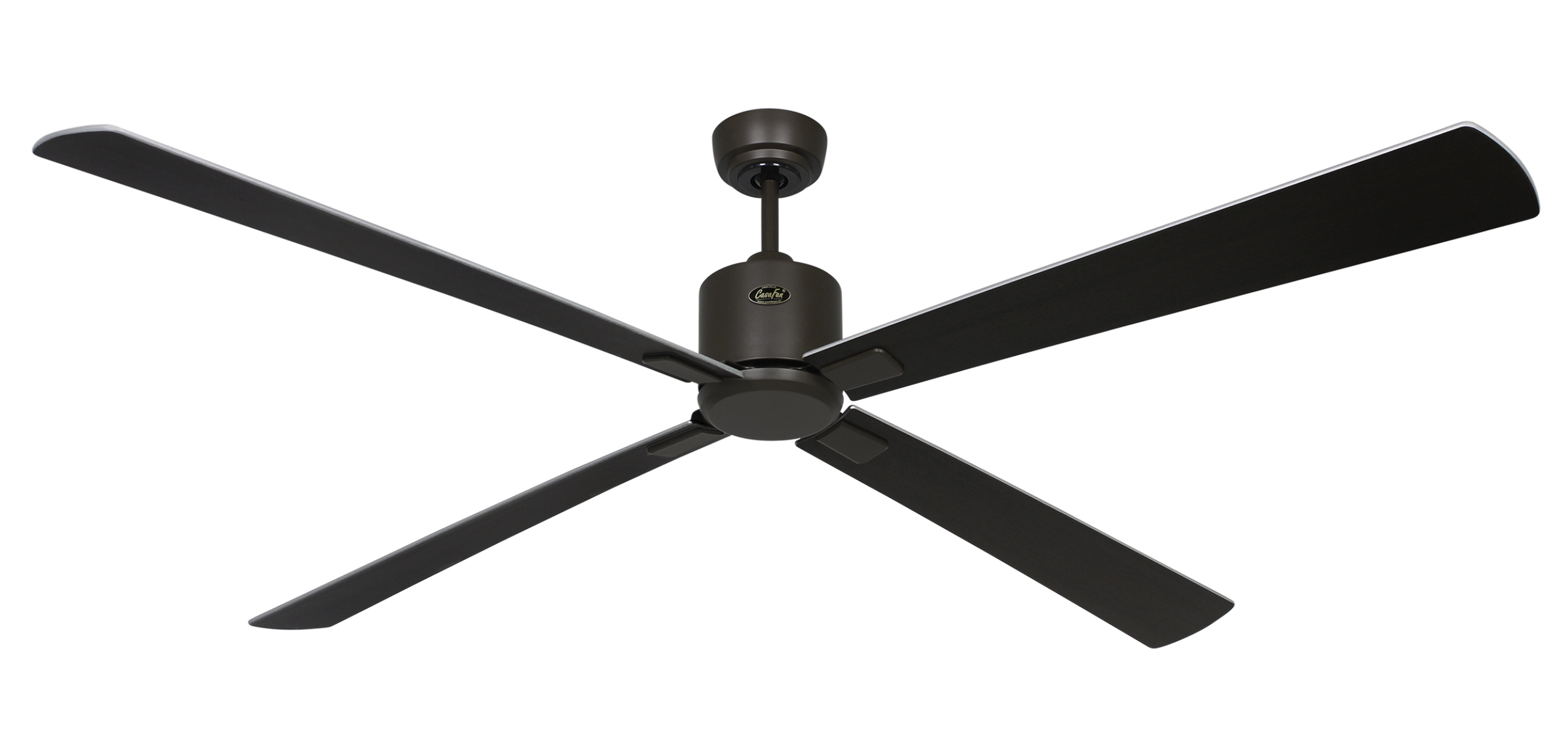 Ventilatore da soffitto marrone con quattro pale. Montato a soffitto, pale marrone scuro.