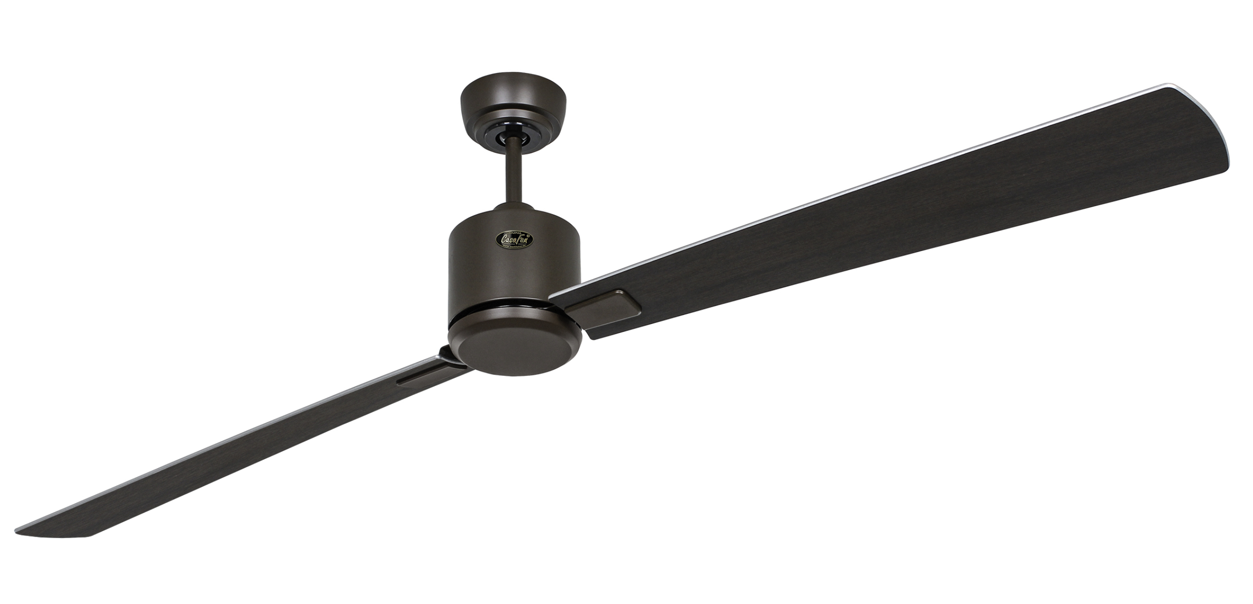 Un ventilatore da soffitto marrone con due pale su sfondo bianco.