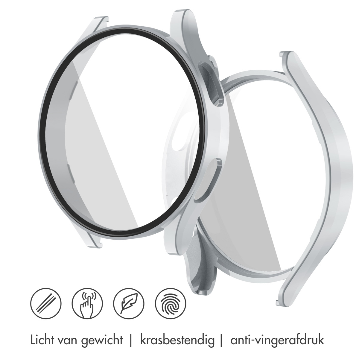 Twee zilveren horlogebeschermers, apart weergegeven. Kenmerken: lichtgewicht, krasbestendig, vingerafdrukbestendig.